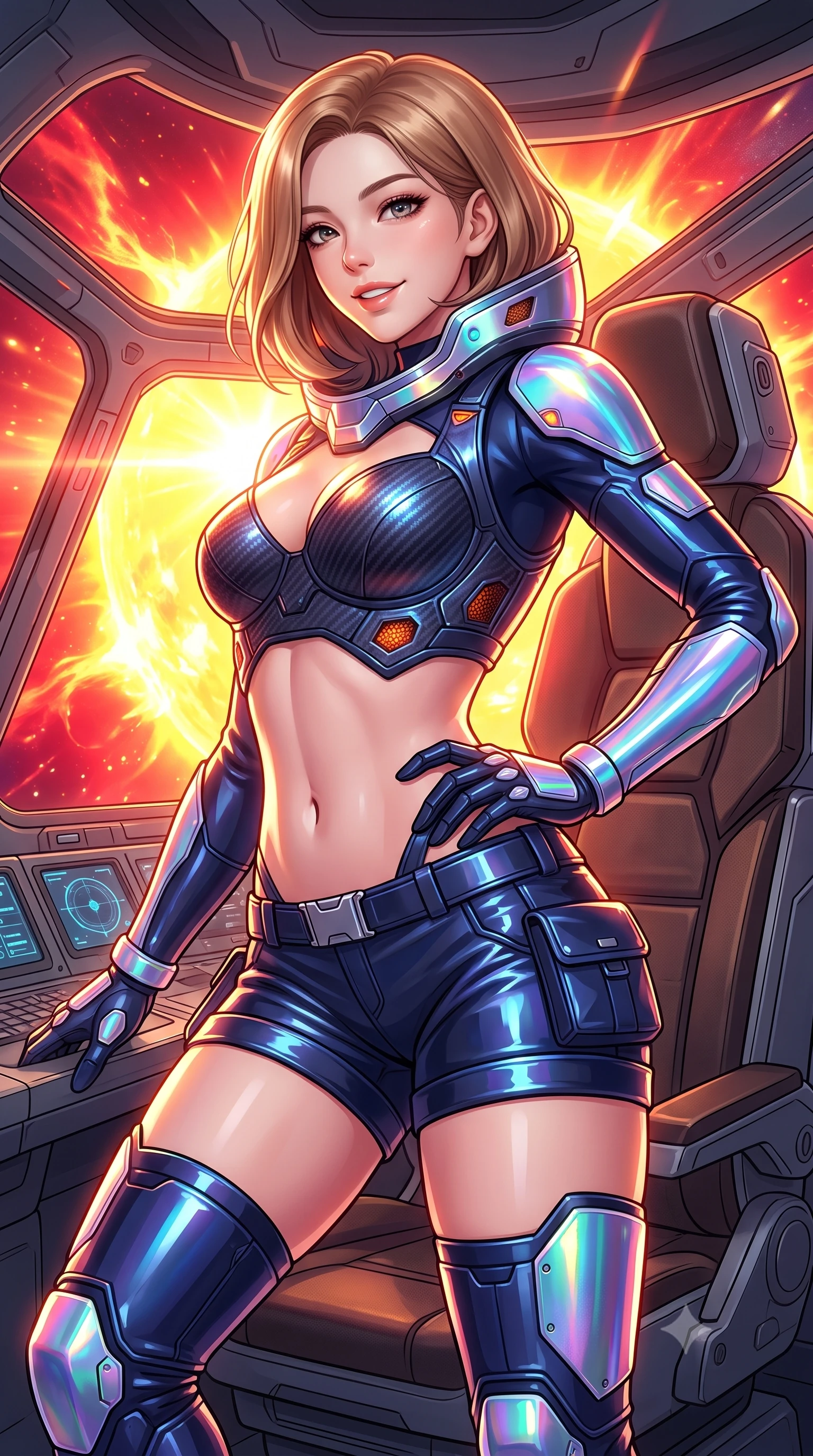 score_9, masterpiece, best quality, ultra-detailed, high-budget anime keyframe, semi-realistic 3D game render, editorial fashion photography, tasteful artistic composition, Korean woman. close-up cowboy shot from the waist and thighs up, the character dominates the composition, filling the frame with her large presence. twisting her slender torso in an alluring contrapposto stance, one hand resting on her sculpted hip armor while glancing back with effortless sovereign poise while strapped into the ergonomic pilot flight seat, arching her spine with sovereign composure as blinding crimson and gold solar flares erupt outside. The surrounding environment is rendered in vivid detail and crisp panoramic clarity: detailed flight suit texture, specular solar highlights on helmet collar, and spacecraft interior precision in high resolution. She has an exceptionally elegant, slender, and willowy female figure with an ultra-slim waist, flat toned midriff, narrow ribcage, and sculpted feminine hips creating an alluring, slim hourglass silhouette without bulk. sharp v-shaped jawline, high-bridge nose, intricate jewel-like sparkling eyes with depth, thick eyelashes, glossy parted lips with a natural sheen, bright confident smile with an enchanting and coquettish sensual glint, exuding both youthful magnetic charm and sovereign high-tech allure, flawlessly proportioned anatomical accuracy, strict slender model proportions, natural body alignment, perfectly sculpted long slender limbs, ultra-slim waistline, clean dynamic posture without body distortion. wearing a sculpted carbon-fiber bustier armor top paired with ultra-tight tactical cargo shorts and thigh-high armored boots in midnight navy blue and holographic iridescent shimmer, tailored from ultra-reflective glossy liquid vinyl with mirror-like specular highlights, accented with subtle hexagonal heat-sink vents glowing with dim orange thermal heat, the form-fitting tactical tailoring adhering flawlessly to her sculpted flat midriff and slender torso, emphasizing her long leg lines and perfectly proportioned willowy build. bathed in intense yellow and crimson light flares from the erupting sun casting dynamic reflections. highly saturated vibrant anime colors, detailed shading with soft gradients, rich glossy textures, high-contrast stereoscopic depth, volumetric dynamic lighting, master piece, 9:16 ratio