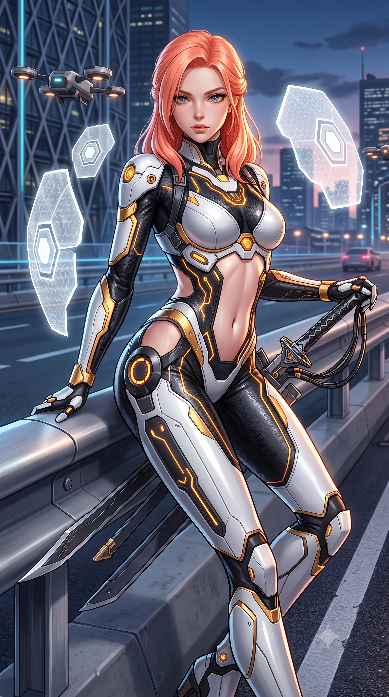 score_9, masterpiece, best quality, ultra-detailed, high-budget anime keyframe, semi-realistic 3D game render, editorial fashion photography, tasteful artistic composition, Japanese woman. close-up cowboy shot from the waist and thighs up, the character dominates the composition, filling the frame with her large presence. twisting her upper body in a dynamic S-curve combat stance, one hand steadying her weapon with commanding supermodel allure while leaning against a sleek highway divider barrier with blades resting at her sides, looking into the lens with a dangerous smolder. The surrounding environment is rendered in vivid detail and crisp panoramic clarity. intricate hilt power cables, hovering traffic drones, and skyscraper facade lattices in high clarity. She has an exceptionally elegant, slender, and willowy female figure with an ultra-slim waist, a gracefully sculpted slender torso, toned flat midriff, and a refined slim silhouette. sharp v-shaped jawline, high-bridge nose, intricate jewel-like eyes with depth, thick eyelashes, glossy lips with a natural sheen, flawlessly proportioned anatomical accuracy, strict slender model proportions, natural body alignment, perfectly sculpted long slender limbs, ultra-slim waistline, clean dynamic posture without body distortion. wearing a high-contrast monochrome white-and-black carbon-composite exoskeleton suit with glowing amber circuitry, deploying floating hexagonal holographic energy shields with sovereign grace in arctic white carbon composite with radiant solar gold plating, made of liquid carbon-jersey fabric adhering flawlessly to her sculpted silhouette, reinforced by a sleek titanium tactical harness and glowing micro-energy straps, the precision-cut daring openings accentuating her delicate midriff, graceful bare collarbones, and ultra-slim feminine waistline. illuminated by sharp specular highlights tracing her ultra-slim waist, long legs, and sculpted armor plates. rich saturated anime colors with glowing neon highlights, detailed shading with soft gradients, rich glossy textures, high-contrast stereoscopic depth, volumetric dynamic lighting, master piece, 9:16 ratio