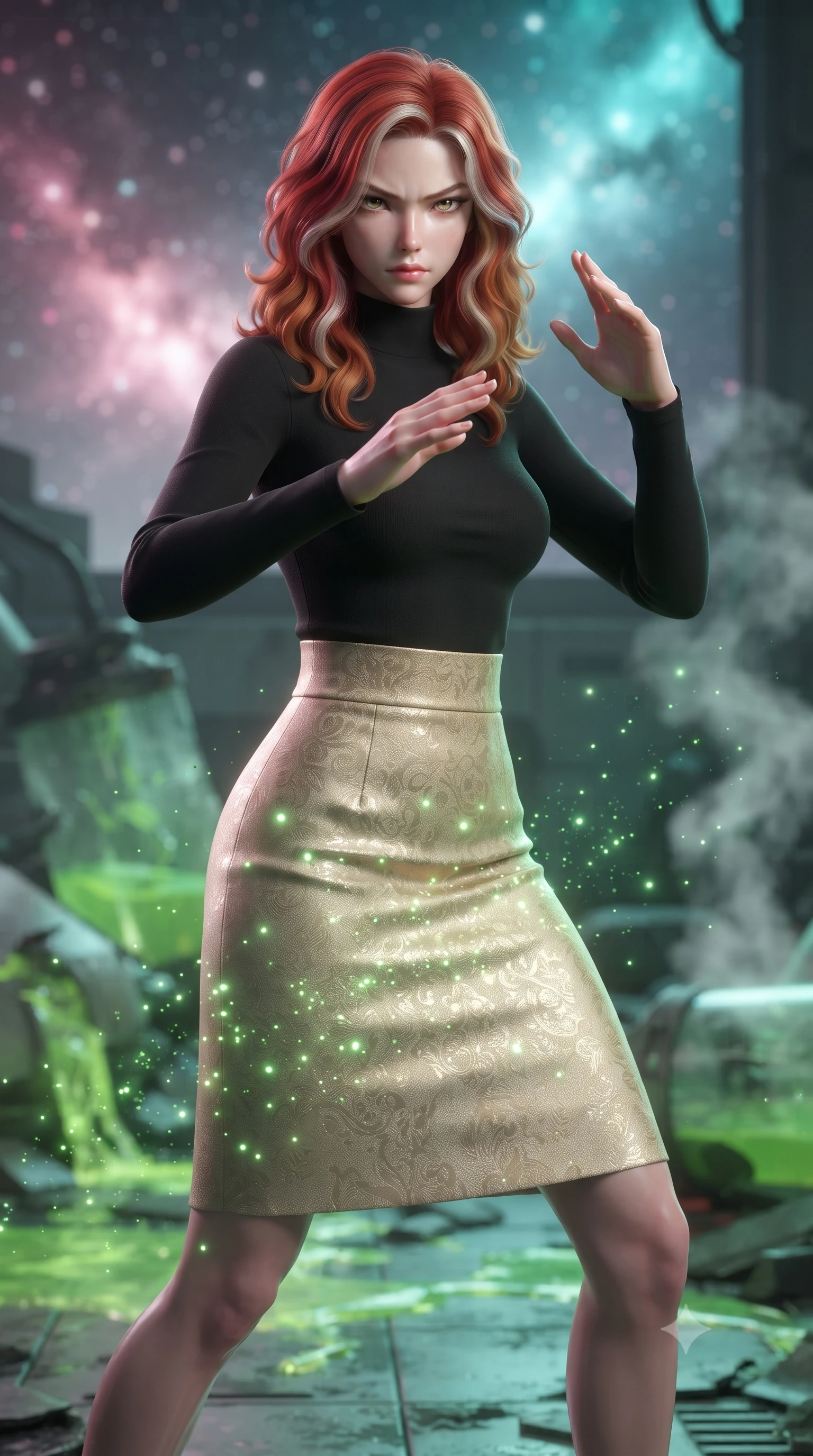 score_9, masterpiece, best quality, ultra-detailed, high-budget anime keyframe, editorial fashion photography, tasteful artistic composition, realistic cosplay photography, Caucasian woman, strictly human ears. close-up cowboy shot from the waist and thighs up, the character dominates the composition, filling the frame with her large presence, background elements kept in soft focus. Standing in a low, ready combat stance, eyes narrowed in sharp concentration. set against a soft-focus background of a secret lab with broken chemical tanks, glowing green bio-liquid leaking across a metallic floor and steaming. She has an exceptionally elegant and slender, willowy female figure with an ultra-slim waist, a gracefully sculpted slender torso, and a refined slim physique. sharp v-shaped jawline, high-bridge nose, intricate jewel-like eyes with depth, thick eyelashes, glossy lips with a natural sheen. wearing catching and diffusing the glowing particles, shimmering softly in response to the surrounding light, a tailored long-sleeve mock-turtleneck top in black, tucked into a high-waisted gold-and-beige jacquard pencil skirt. starlight and nebula glow casting soft cosmic pink and cyan highlights on her form. ultra-reflective glossy finish, specular highlights, metallic sheen, high-contrast stereoscopic depth, volumetric dynamic lighting, 2k, ultra detail, master piece, 9:16 ratio