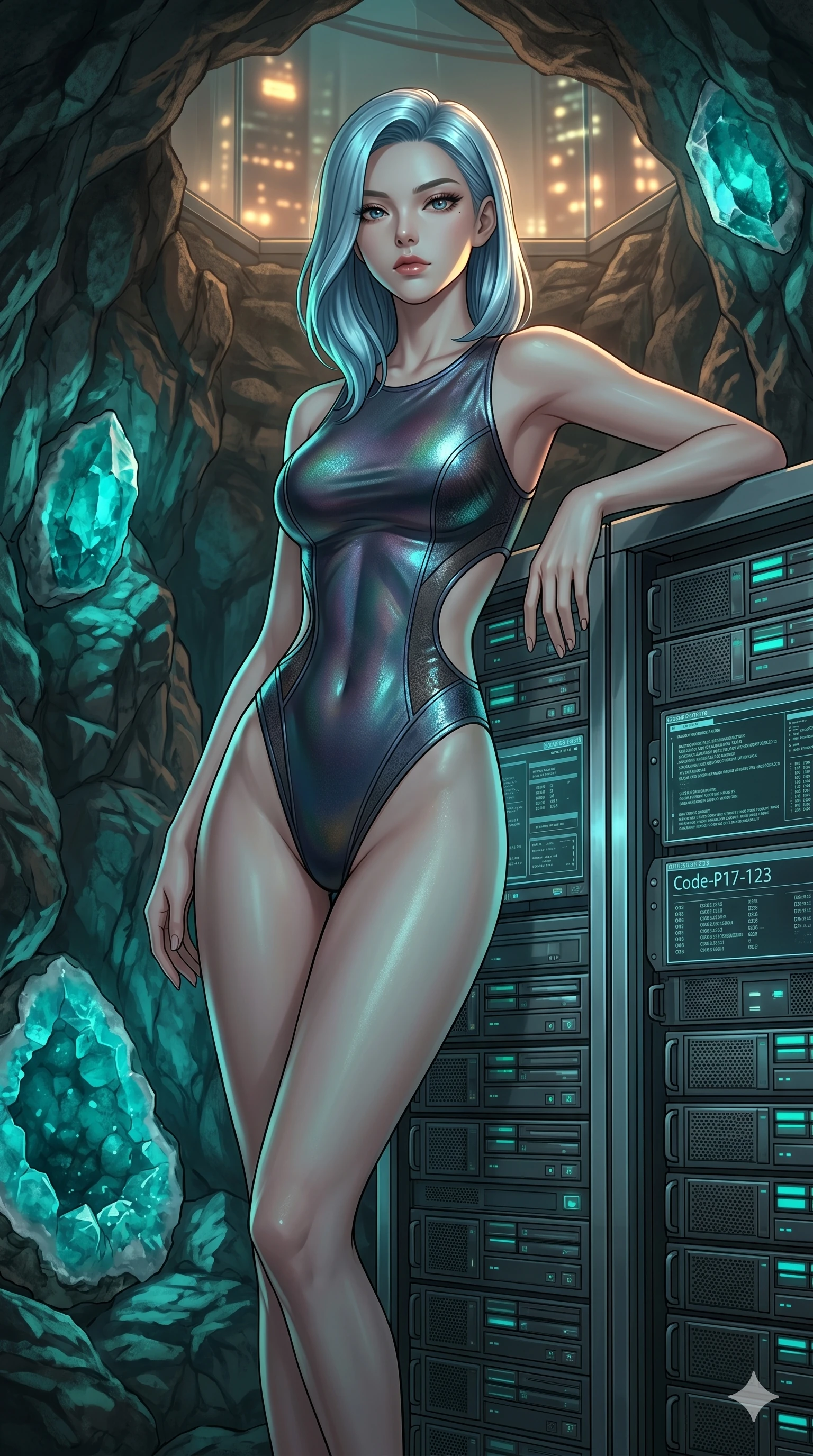 score_9, masterpiece, best quality, ultra-detailed, high-budget anime keyframe, editorial fashion photography, tasteful artistic composition, Korean woman. cowboy shot from the thighs up, character and outfit filling the frame for maximum editorial presence. leaning against a metal server rack, casting a cool, superior gaze inside a hidden cave with turquoise crystal geodes (Code-P17-123). She has an absolutely perfect 8-heads proportion, an exceptionally tall and slender female figure with impossibly long slender legs and an ultra-slim waist. V-shaped jawline, high-bridge nose, intricate jewel-like eyes with depth, thick eyelashes, glossy lips with a natural sheen. wearing a wet-look bodysuit with side cutouts and high-cut leg lines. warm glowing city lights filtering through the glass, outlining her V-shaped jawline. 2k, ultra detail, master piece, 9:16 ratio