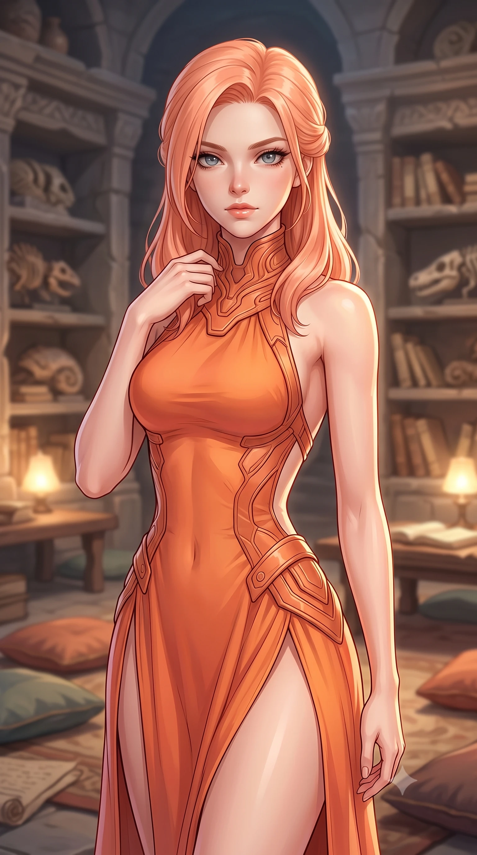 score_9, masterpiece, best quality, ultra-detailed, high-budget anime keyframe, editorial fashion photography, tasteful artistic composition, Japanese woman. close-up cowboy shot from the waist and thighs up, the character dominates the composition, filling the frame with her large presence, background elements kept in soft focus. adjusting the high collar of her body-hugging suit, looking past the camera with quiet, sharp focus and a composed expression, the background shows a soft-focus a fossil sanctuary library with low tables, cushions, and scrolls in soft focus. She has an exceptionally elegant, slender, and willowy female figure with an ultra-slim waist, a gracefully sculpted slender torso, and a refined silhouette. sharp v-shaped jawline, high-bridge nose, intricate jewel-like eyes with depth, thick eyelashes, glossy lips with a natural sheen. wearing a form-contouring high-slit space combat gown in sunset orange chiffon, featuring a daring thigh-slit and an open-back design. soft warm reading lights creating a quiet, focused, and meditative mood. highly saturated vibrant anime colors, detailed shading with soft gradients, rich glossy textures, high-contrast stereoscopic depth, volumetric dynamic lighting, master piece, 9:16 ratio