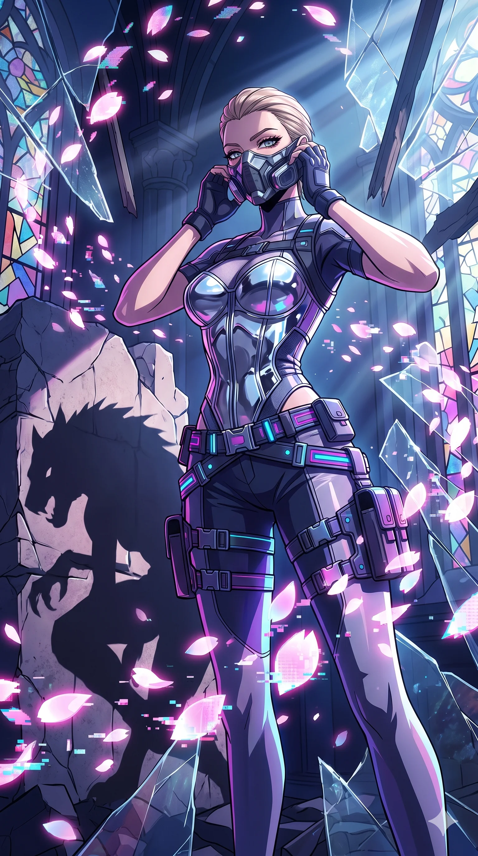 score_9, masterpiece, best quality, ultra-detailed, Set A: High-budget Anime Keyframe, Caucasian (strictly human ears) woman. Low angle cowboy shot filling the entire 9:16 frame with her statuesque presence. Adjusting a mask through a shattered glass cathedral, while her shadow mimics the movements of a predator 25 and surrounded by digital sakura petals. She has an absolutely perfect 8-heads proportion, an exceptionally tall and slender female figure with impossibly long slender legs and an ultra-slim waist. Sharp v-shaped jawline, high-bridge nose, intricate jewel-like eyes with depth, thick eyelashes, glossy lips with a natural sheen. Wearing Modular tactical gear with a chrome-plated corset and neon-lit tactical belts. Cinematic lighting, vibrant colors, dramatic shadows, 2k, ultra detail, master piece, 9:16 ratio