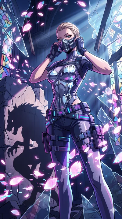score_9, masterpiece, best quality, ultra-detailed, Set A: High-budget Anime Keyframe, Caucasian (strictly human ears) woman. Low angle cowboy shot filling the entire 9:16 frame with her statuesque presence. Adjusting a mask through a shattered glass