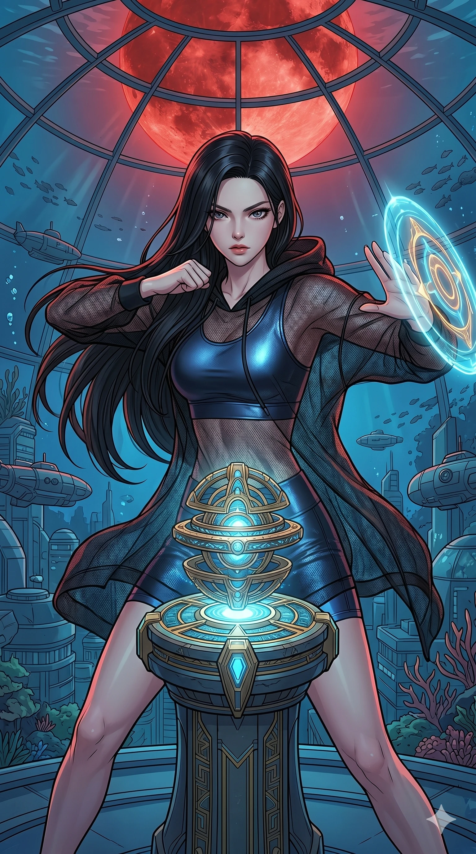 score_9, masterpiece, best quality, ultra-detailed, high-budget anime movie keyframe, cinematic anime lighting, intricate line art, Korean woman. Upper body filling screen focusing on her alluring features and slim-fit silhouette. defending a sacred relic in a underwater city dome under a blood moon. She has an absolutely perfect 8-heads proportion, an exceptionally tall and slender female figure with an ultra-slim waist and impossibly long slender legs. sharp v-shaped jawline, high-bridge nose, intricate jewel-like eyes, thick eyelashes, glossy lips. Wearing premium athleisure set with a metallic-finish compression top, high-cut yoga shorts that accentuate her long legs, and a sheer oversized hoodie. The scene is illuminated by dramatic atmospheric lighting and vibrant color palettes. , 2k, ultra detail, master piece, 9:16 ratio