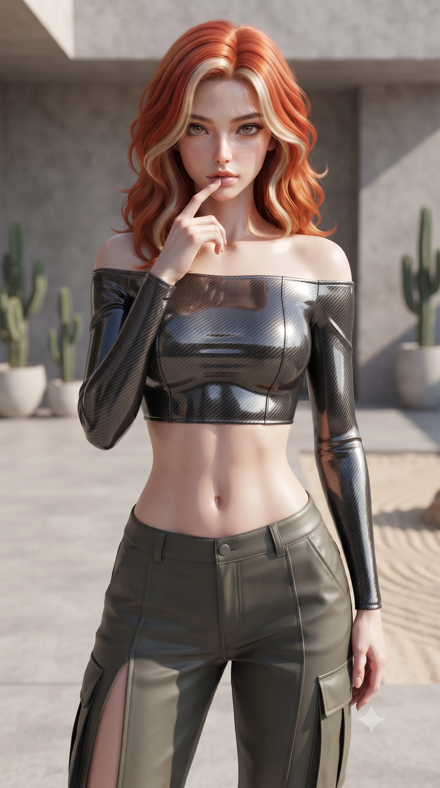 score_9, masterpiece, best quality, ultra-detailed, high-budget anime keyframe, editorial fashion photography, tasteful artistic composition, Caucasian woman. close-up cowboy shot from the waist and thighs up, the character dominates the composition, filling the frame with her large presence, background elements kept in soft focus. pressing one finger to her bottom lip in a thoughtful, composed gesture, locking eyes with the viewer, the background shows a soft-focus a concrete desert patio with minimalist cacti and sand landscaping. She has an exceptionally elegant, slender, and willowy female figure with an ultra-slim waist, a gracefully sculpted slender torso, and a refined silhouette. sharp v-shaped jawline, high-bridge nose, intricate jewel-like eyes with depth, thick eyelashes, glossy lips with a natural sheen. wearing a slim-fit off-shoulder carbon-fiber armor top paired with high-slit tactical cargo pants, showing her delicately sculpted midriff. bright midday sun rays creating clean, sharp shadows and reflections. ultra-reflective glossy finish, specular highlights, metallic sheen, high-contrast stereoscopic depth, volumetric dynamic lighting, 2k, ultra detail, master piece, 9:16 ratio
