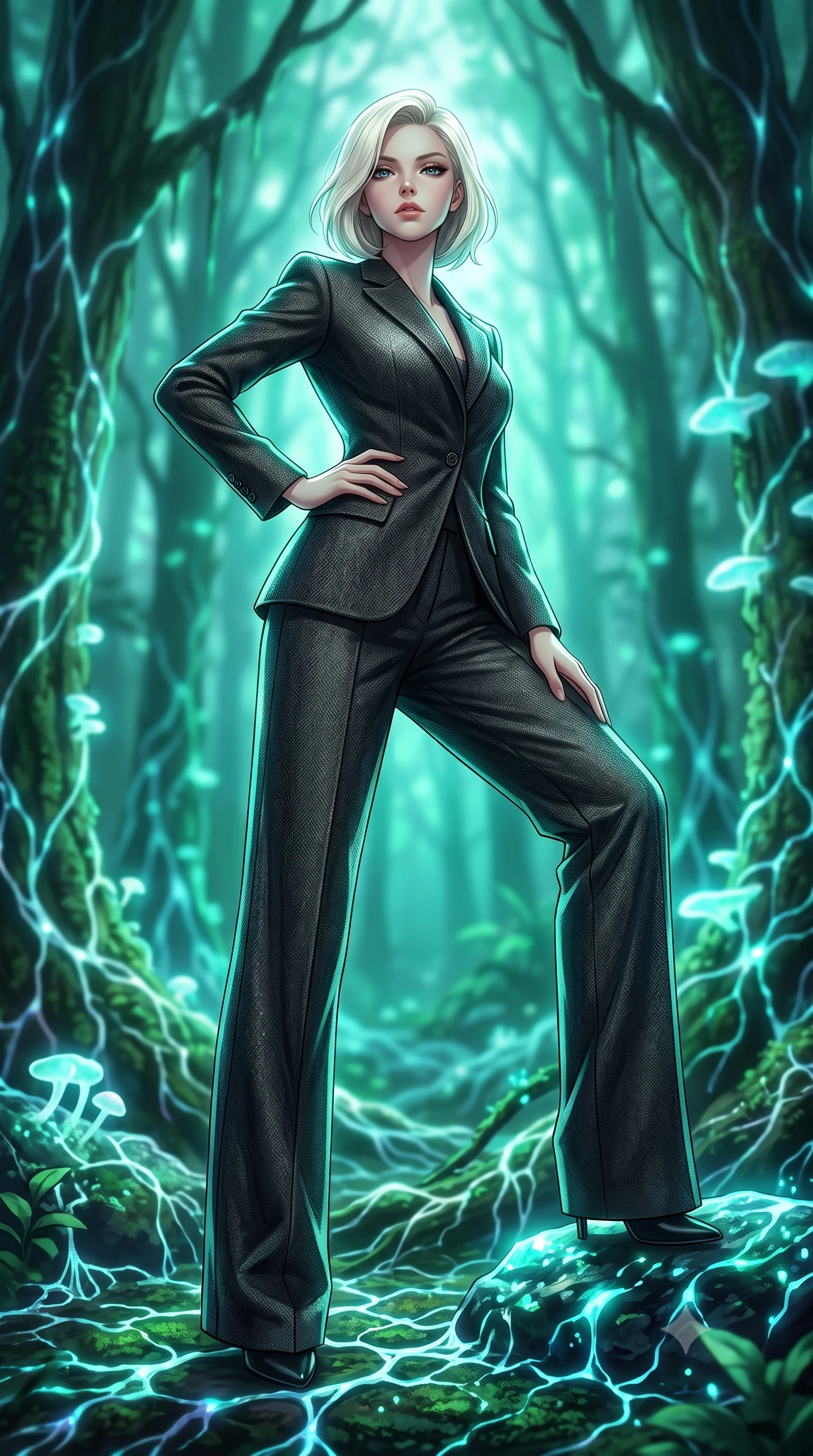 score_9, masterpiece, best quality, ultra-detailed, high-budget anime keyframe, editorial fashion photography, tasteful artistic composition, Caucasian woman woman. low angle full-body shot from head to toe showing her feet, filling the entire 9:16 vertical frame with her statuesque presence, stretching her vertical silhouette. She has an absolutely perfect, statuesque 8.5-heads proportion, an exceptionally tall and slender model-like female figure with impossibly long slender legs and an ultra-slim waist. standing victorious in a commanding statuesque pose, filling the frame with her slender presence, flawlessly proportioned anatomical accuracy, natural body alignment, perfectly sculpted elegant limbs, clean dynamic posture without body distortion. set against a soft-focus background of an ancient rainforest with pulsing opal fungal mycelium networks. wearing a tailored charcoal tweed suit jacket with high-waisted wide trousers. bathed in cool emerald and cyan bioluminescent organic glow wrapping her silhouette. highly saturated vibrant anime colors, detailed shading with soft gradients, rich glossy textures, high-contrast stereoscopic depth, volumetric dynamic lighting, master piece, 9:16 ratio