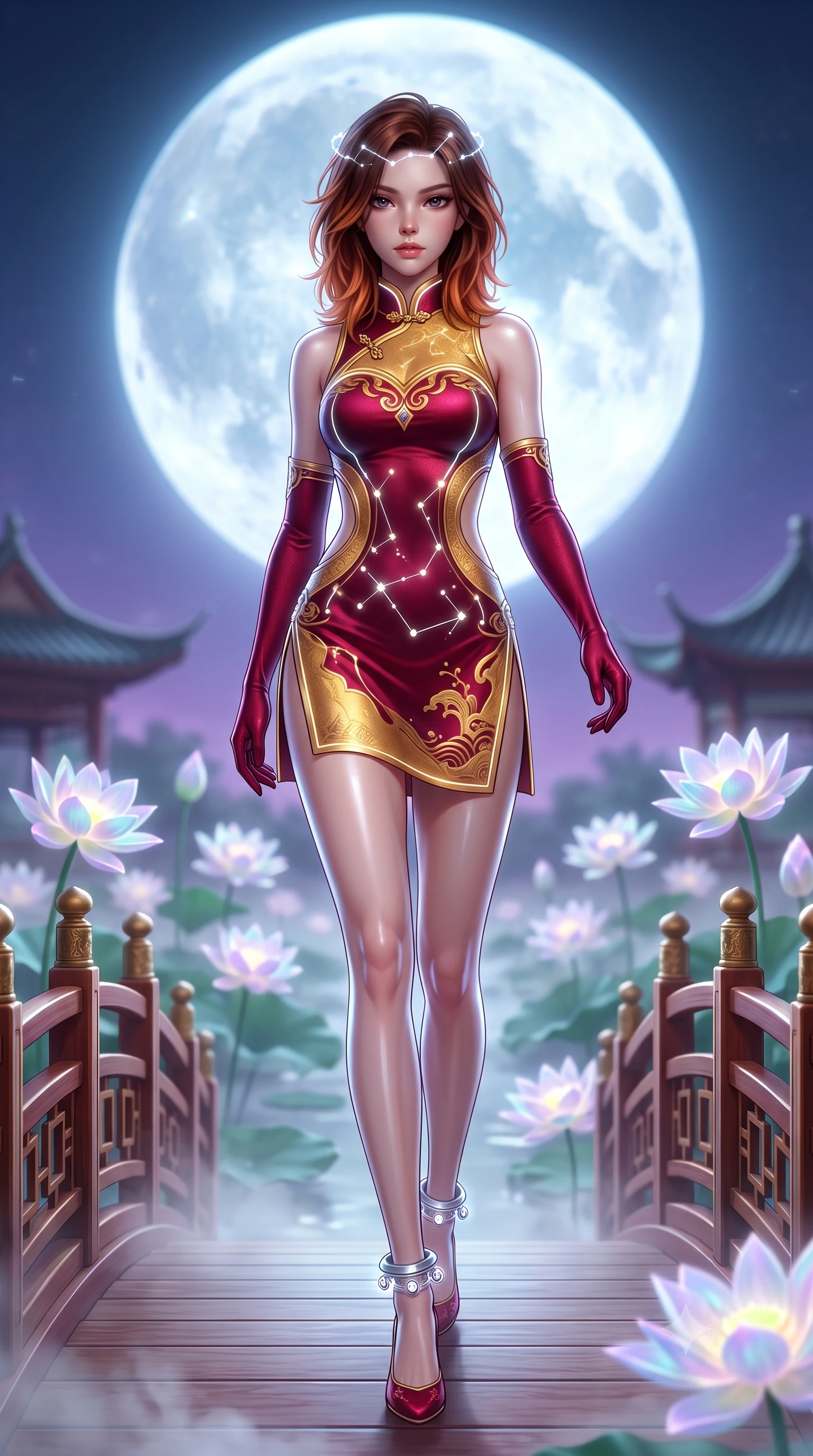 score_9, masterpiece, best quality, ultra-detailed, high-budget anime keyframe, semi-realistic 3D game render, editorial fashion photography, tasteful artistic composition, Korean woman. low angle full-body shot from head to toe showing her feet, filling the entire 9:16 vertical frame with her statuesque presence, stretching her vertical silhouette. stepping forward gracefully in mid-motion, displaying her toned flat midriff and flawlessly sculpted slender limbs while standing poised on an ornate lacquered wooden bridge over a mist-covered lotus pond beneath a colossal glowing full moon. The composition keeps background elements in soft focus with creamy bokeh. glowing holographic lotus flowers and distant pagoda rooflines blurred into ethereal jade, violet, and silver-white bokeh. She has an absolutely perfect, statuesque 8.5-heads proportion, an exceptionally tall and slender model-like female figure with impossibly long slender legs, a toned flat midriff, and an ultra-slim waist. sharp v-shaped jawline, high-bridge nose, intricate jewel-like eyes with depth, thick eyelashes, glossy lips with a natural sheen, captivating and magnetic expression, flawlessly proportioned anatomical accuracy, strict slender model proportions, natural body alignment, perfectly sculpted long slender limbs, ultra-slim waistline, clean dynamic posture without body distortion. wearing a futuristic embroidered qipao mini dress with glowing fiber-optic seams and side cutouts in imperial gold and deep crimson silk, crafted from weightless prism organza that refracts light with every motion, accented with dainty silver ankle bells and a glowing constellation circlet, the glove-like aerodynamic second-skin fit tightly clinging to her ultra-slender waist and athletic curves without adding bulk, accentuating her razor-sharp statuesque lines and slim hourglass silhouette. surrounded by an otherworldly, sacred, and breathtakingly pure moon goddess aura. highly saturated vibrant anime colors, detailed shading with soft gradients, rich glossy textures, high-contrast stereoscopic depth, volumetric dynamic lighting, master piece, 9:16 ratio