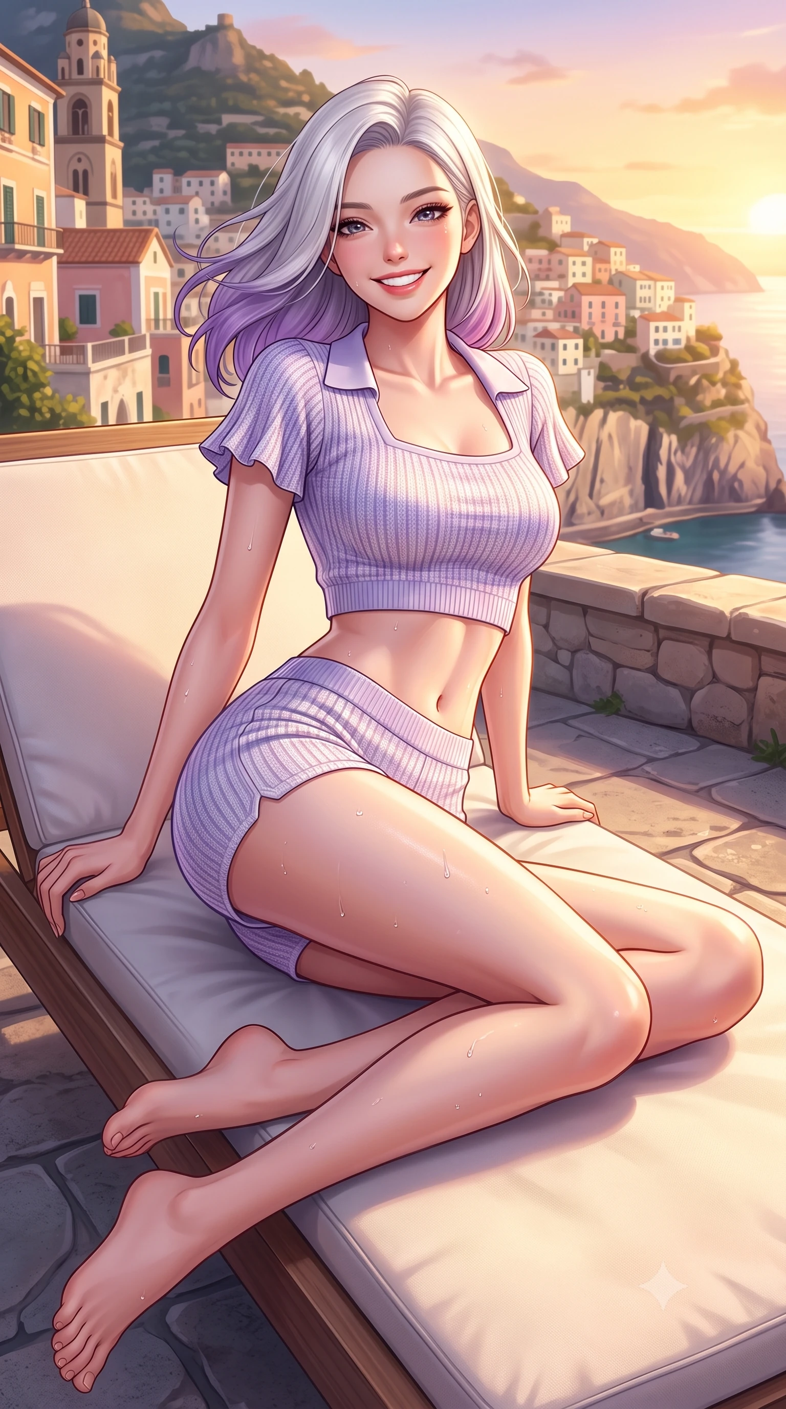 score_9, masterpiece, best quality, ultra-detailed, high-budget anime keyframe, semi-realistic 3D game render, editorial fashion photography, tasteful artistic composition, Caucasian woman. low angle full-body shot from head to toe showing her feet, filling the entire 9:16 vertical frame with her statuesque presence, stretching her vertical silhouette. reclining languidly on her side across the sunbed with one knee drawn up, her radiant smile and arched hip curve commanding the 9:16 vertical frame with youthful sensual charisma while standing poised on the sunlit stone terrace, twisting her slender torso in an alluring S-curve in the warm Amalfi evening breeze. The surrounding environment is rendered in vivid detail and crisp panoramic clarity. detailed swimwear fabric sheen, water droplet beads on skin, and Amalfi cliffside architecture in high resolution. She has an exceptionally tall and slender model-like 8.5-heads proportion, an ultra-slim waist, a flat toned midriff, narrow delicate ribcage, and beautifully sculpted feminine hips creating a graceful, slim hourglass silhouette without any bulky heaviness, with impossibly long slender legs. sharp v-shaped jawline, high-bridge nose, intricate jewel-like sparkling eyes with depth, thick eyelashes, glossy parted lips with a natural peach sheen, bright cheerful beaming smile with an enchanting and coquettish sensual glint, exuding both youthful cute charm and seductive allure, flawlessly proportioned anatomical accuracy, strict slender model proportions, natural body alignment, perfectly sculpted long slender limbs, ultra-slim waistline, clean dynamic posture without body distortion. wearing a cropped knitted polo sweater paired with high-cut tailored tennis shorts hugging her rounded hips in delicate lavender violet and pearlescent white, formed from supple second-skin stretch ribbed knit clinging to her form, featuring elegant flutter sleeves and a graceful square neckline, the form-fitting cut adhering flawlessly to her sculpted flat midriff and slender torso, emphasizing her long leg lines and perfectly proportioned willowy build. bathed in glorious golden hour Mediterranean sunset backlighting reflecting off pastel cliffside houses. highly saturated vibrant anime colors, detailed shading with soft gradients, rich glossy textures, high-contrast stereoscopic depth, volumetric dynamic lighting, master piece, 9:16 ratio
