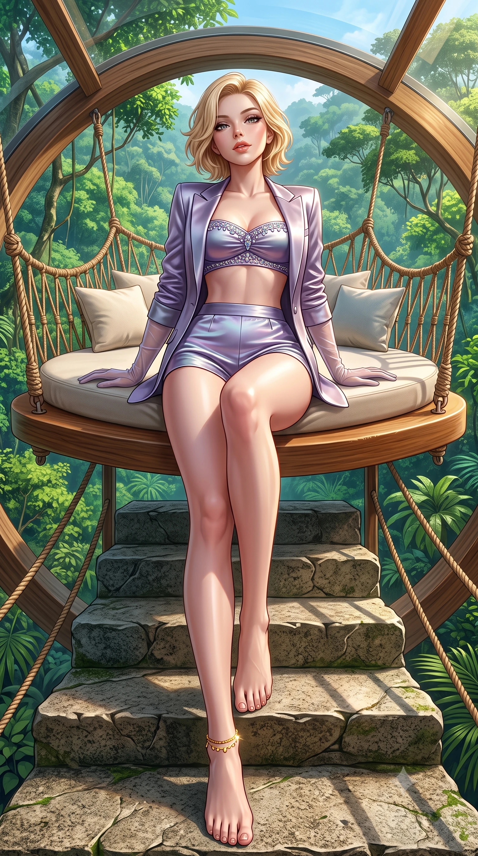 score_9, masterpiece, best quality, ultra-detailed, high-budget anime keyframe, semi-realistic 3D game render, editorial fashion photography, tasteful artistic composition, Caucasian woman. low angle full-body shot from head to toe showing her feet, filling the entire 9:16 vertical frame with her statuesque presence, stretching her vertical silhouette. sitting poised on the stone steps with one knee bent, arching her spine with supermodel elegance as she glances upward through thick eyelashes while lounging across the suspended oversized teak daybed floating high in the jungle canopy, arching her lower back to emphasize her curvy hips with effortless poise. The surrounding environment is rendered in vivid detail and crisp panoramic clarity: detailed backless plunge-front silk satin jumpsuit tailoring, gold ankle chain gleam, and eco-luxury architectural craft in razor-sharp precision. She has an absolutely perfect, statuesque 8.5-heads proportion, an exceptionally tall and slender model-like female figure with impossibly long slender legs, an ultra-slim waist, a flat toned midriff, narrow delicate ribcage, and beautifully sculpted feminine hips creating a graceful, slim hourglass silhouette without any bulky heaviness. sharp v-shaped jawline, high-bridge nose, sparkling eyes with hypnotic seductive depth, thick curled eyelashes, glossy parted lips with a natural dewy peach sheen, alluring bedroom-eyes with an enchanting coquettish smile, exuding magnetic siren charisma and sophisticated glamour, flawlessly proportioned anatomical accuracy, strict slender model proportions, natural body alignment, perfectly sculpted long slender limbs, ultra-slim waistline, clean dynamic posture without body distortion. wearing a tailored open-front satin smoking jacket worn over a jewel-embellished bandeau and micro-shorts in dusk lavender and iridescent silver, crafted from fluid liquid silk satin that clings smoothly to every curve with a dewy sheen, complemented by sheer opera-length evening gloves tracing her slender arms, the glove-like clinging cut tightly following the natural contour of her hips and long slender legs with youthful 8.5-heads elegance. illuminated by polished teak reflection bounce and sharp flame-gold rim lights defining her razor-sharp jawline, narrow waist, and curvy hips. highly saturated vibrant anime colors, detailed shading with soft gradients, rich glossy textures, high-contrast stereoscopic depth, volumetric dynamic lighting, master piece, 9:16 ratio