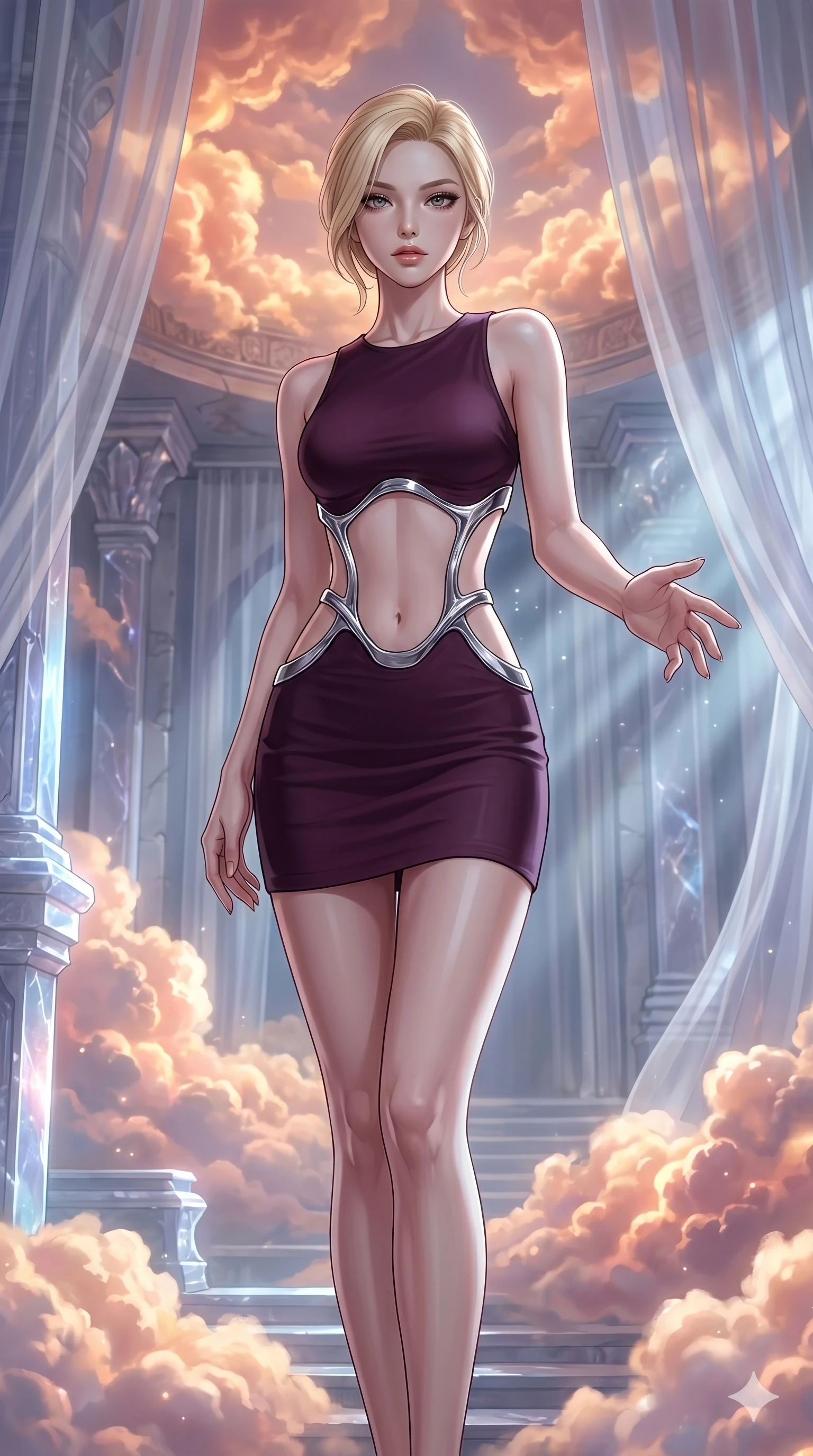 score_9, masterpiece, best quality, ultra-detailed, high-budget anime keyframe, editorial fashion photography, tasteful artistic composition, Korean woman. cowboy shot from the thighs up, character and outfit filling the frame for maximum editorial presence. Reaching one hand toward the viewer with relaxed elegance inside a luminous cloud palace where cumulus formations glow with amber and rose from within. She has an absolutely perfect 8-heads proportion, an exceptionally tall and slender female figure with impossibly long slender legs and an ultra-slim waist. V-shaped jawline, high-bridge nose, intricate jewel-like eyes with depth, thick eyelashes, glossy lips with a natural sheen. wearing a deep plum precision bodycon mini dress with a dramatic architectural open-waist cutout framed by sculptural chrome hardware, the fitted fabric emphasizing her ultra-slim waist above and below. bathed in cold silver moonlight filtered through translucent gossamer curtains casting soft shadows on her curves. 2k, ultra detail, master piece, 9:16 ratio