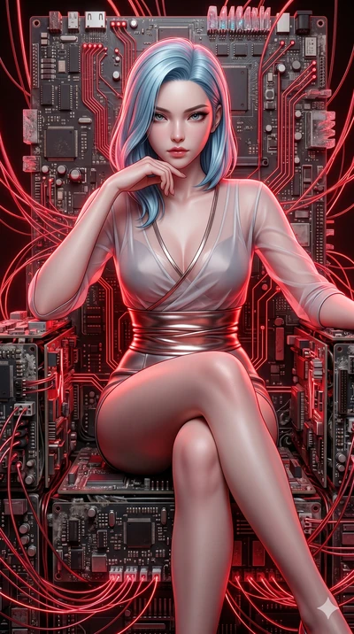 score_9, masterpiece, best quality, ultra-detailed, high-budget anime keyframe, semi-realistic 3D game render, Korean woman. Upper body close-up from the thighs up, character filling the screen for maximum presence. She is seated dynamically on a thr