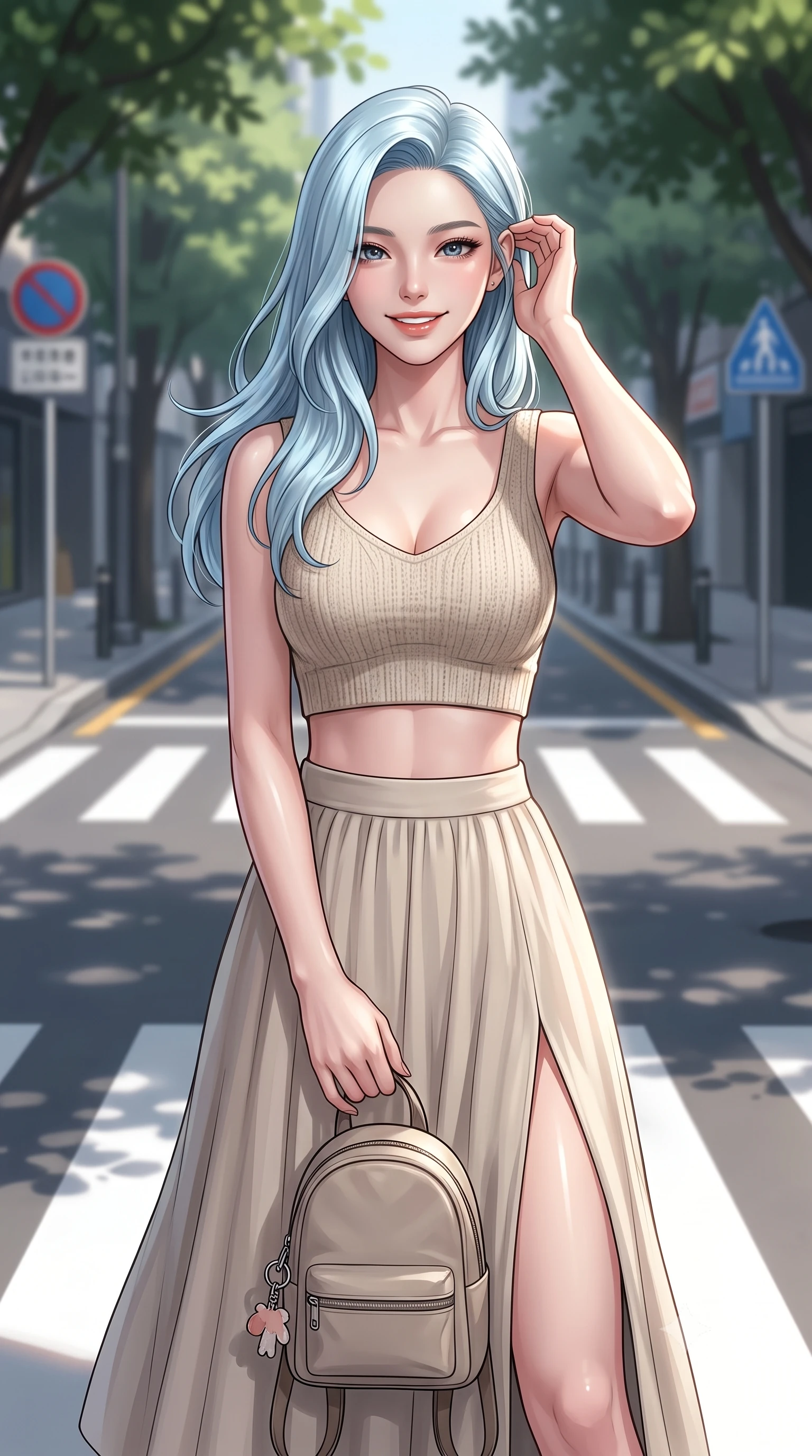 score_9, masterpiece, best quality, ultra-detailed, high-budget anime keyframe, editorial fashion photography, tasteful artistic composition, Korean woman. close-up cowboy shot from the waist and thighs up, the character dominates the composition, filling the frame with her large presence, background elements kept in soft focus. smiling cutely while gently brushing a strand of hair behind her ear set against a soft-focus background of on a modern city street crossing with sleek crosswalk markings and signs holding a cute key ring attached to her small backpack. She has an exceptionally elegant, slender, and willowy female figure with an ultra-slim waist, a gracefully sculpted slender torso, and a refined silhouette. sharp v-shaped jawline, high-bridge nose, intricate jewel-like eyes with depth, thick eyelashes, glossy lips with a natural sheen. wearing tailored crop top in oatmeal knit paired with a flowy midi skirt featuring a high side slit. dappled sunlight filtering through the street trees, casting soft shadows. ultra-reflective glossy finish, specular highlights, metallic sheen, high-contrast stereoscopic depth, volumetric dynamic lighting, 2k, ultra detail, master piece, 9:16 ratio