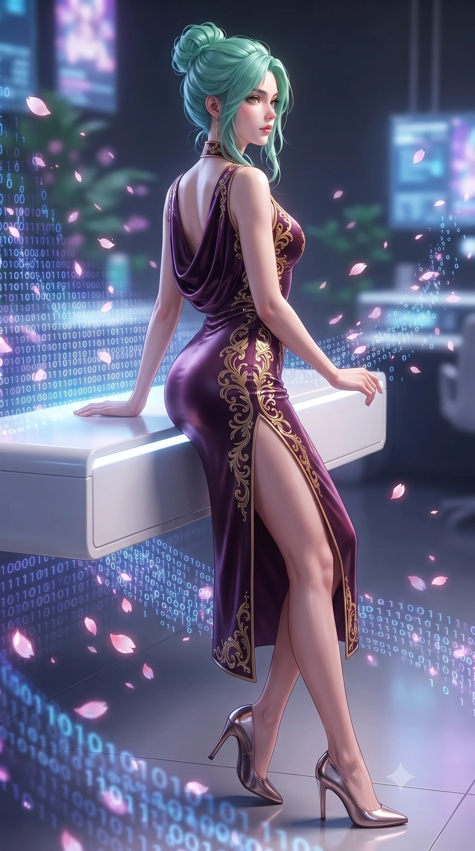 score_9, masterpiece, best quality, ultra-detailed, high-budget anime keyframe, editorial fashion photography, tasteful artistic composition, Japanese woman. close-up cowboy shot from the waist and thighs up, the character dominates the composition, filling the frame with her large presence, background elements kept in soft focus. Gazing past the camera with an air of effortless elegance and mysterious confidence resting on a sleek white floating console amidst glowing code streams, floating digital sakura petals flickering into binary code sparks. She has an exceptionally elegant, slender, and willowy female figure with an ultra-slim waist, a gracefully sculpted slender torso, and a refined silhouette. sharp v-shaped jawline, high-bridge nose, intricate jewel-like eyes with depth, thick eyelashes, glossy lips with a natural sheen. wearing a precision-fitted liquid jersey bodycon dress with a draped back in plum purple and gold filigree, made of premium stretch velvet with a rich sheen, finished with a sleek side slit ascending to mid-thigh, the form-contouring material highlighting her ultra-slim waist and long lines. surrounded by a crisp high-tech illumination highlighting every sleek curve. ultra-reflective glossy finish, specular highlights, metallic sheen, high-contrast stereoscopic depth, volumetric dynamic lighting, 2k, ultra detail, master piece, 9:16 ratio