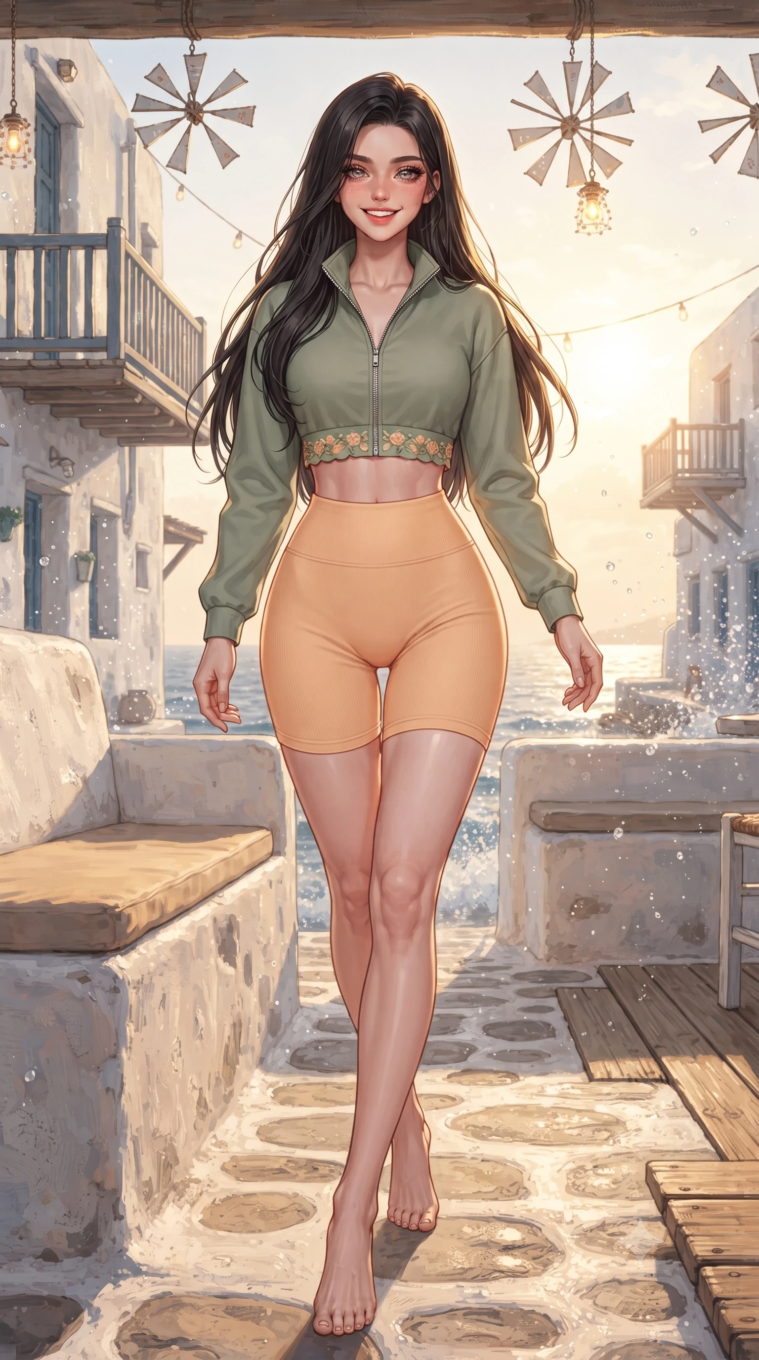 score_9, masterpiece, best quality, ultra-detailed, high-budget anime keyframe, editorial fashion photography, tasteful artistic composition, Korean woman. low angle full-body shot from head to toe showing her feet, filling the entire 9:16 vertical frame with her statuesque presence, stretching her vertical silhouette. stepping forward gracefully in mid-motion with a radiant beaming smile, hips swaying in an alluring kinetic rhythm that accentuates her curvy hourglass silhouette and long slender legs while sitting on a sunny cafe bench with legs crossed, her flat midriff and curvy hips bathed in golden sunset light beneath hanging windmills. The surrounding environment is rendered in vivid detail and crisp panoramic clarity. sharp whitewashed stone wall textures, wooden balcony plank grain, and sea spray droplets in deep focus. She has an exceptionally tall and slender model-like 8.5-heads proportion, an ultra-slim waist, a flat toned midriff, narrow delicate ribcage, and beautifully sculpted feminine hips creating a graceful, slim hourglass silhouette without any bulky heaviness, with impossibly long slender legs. sharp v-shaped jawline, high-bridge nose, intricate jewel-like sparkling eyes with depth, thick eyelashes, glossy parted lips with a natural peach sheen, bright cheerful beaming smile with an enchanting and coquettish sensual glint, exuding both youthful cute charm and seductive allure, flawlessly proportioned anatomical accuracy, strict slender model proportions, natural body alignment, perfectly sculpted long slender limbs, ultra-slim waistline, clean dynamic posture without body distortion. wearing a sporty chic zip-up crop jacket paired with high-waisted biker shorts clinging to her athletic hips in soft apricot and sage green, formed from supple second-skin stretch ribbed knit clinging to her form, complemented by delicate embroidered floral trim along the hem, the high-waisted tailoring accentuating her ultra-slim waistline and the enchanting curve of her feminine hips with alluring charm. illuminated by intense specular sea wave reflections sharply sculpting her razor-sharp jawline, narrow waist, and curvy hips. ultra-reflective glossy finish, specular highlights, rich textural contrasts, high-contrast stereoscopic depth, volumetric dynamic lighting, 2k, ultra detail, master piece, 9:16 ratio