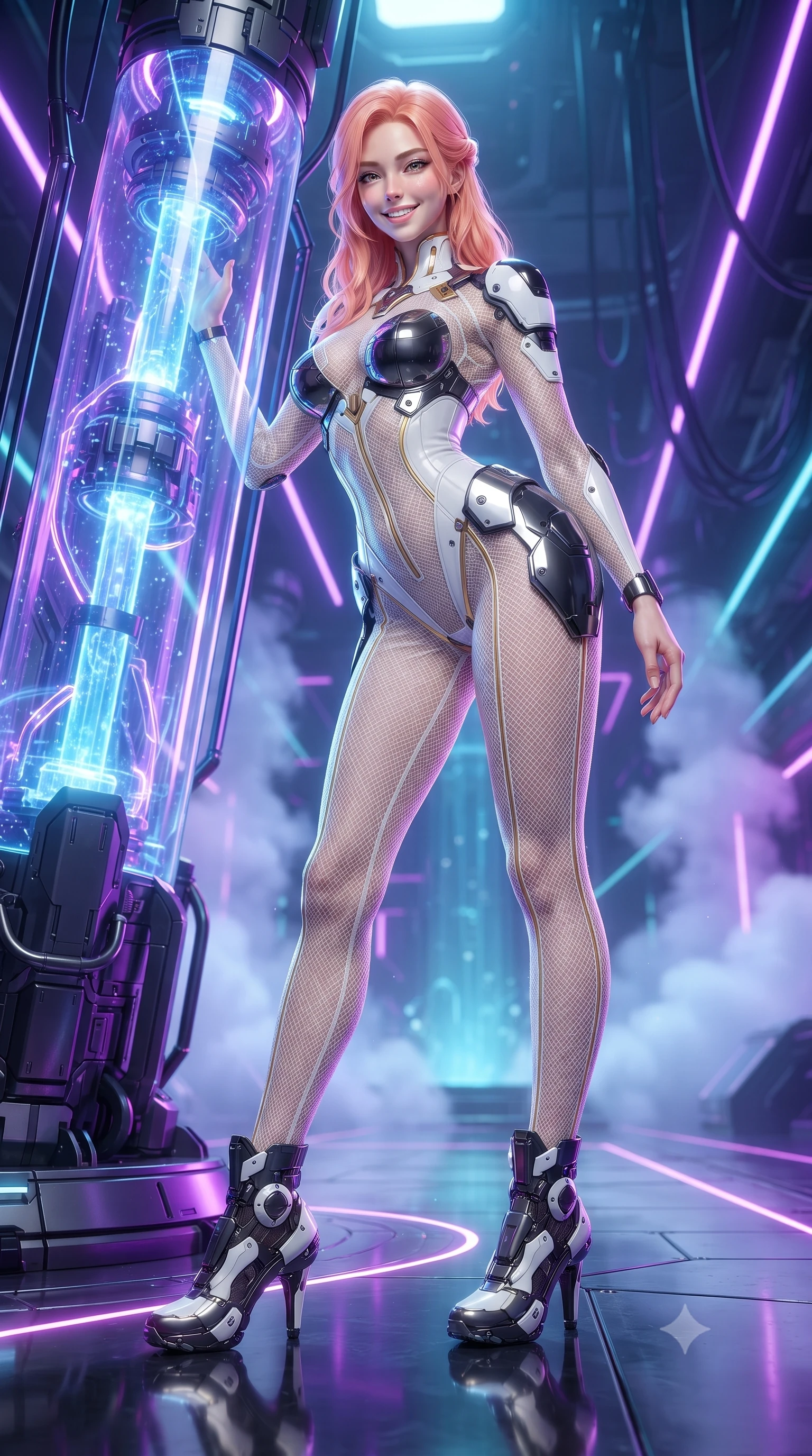 score_9, masterpiece, best quality, ultra-detailed, high-budget anime keyframe, editorial fashion photography, tasteful artistic composition, Japanese woman. low angle full-body shot from head to toe showing her feet, filling the entire 9:16 vertical frame with her statuesque presence, stretching her vertical silhouette. leaning deep against the glowing energy conduit with hips cocked back in an unapologetically alluring high-fashion stance, flashing a warm beaming smile while standing poised in the center of the reflective vault floor, her tight combat suit and statuesque presence commanding the futuristic tech cathedral. The background shows a soft-focus rising liquid-nitrogen vapor veils and suspended data conduits softened in high-tech Tokyo shallow focus. She has an absolutely perfect, statuesque 8.5-heads proportion, an exceptionally tall and slender model-like female figure with impossibly long slender legs, an ultra-slim waist, a flat toned midriff, narrow delicate ribcage, and beautifully sculpted feminine hips creating a graceful, slim hourglass silhouette without any bulky heaviness. sharp v-shaped jawline, high-bridge nose, intricate jewel-like sparkling eyes with depth, thick eyelashes, glossy parted lips with a natural sheen, bright confident smile with an enchanting and coquettish sensual glint, exuding both youthful magnetic charm and sovereign high-tech allure, flawlessly proportioned anatomical accuracy, strict slender model proportions, natural body alignment, perfectly sculpted long slender limbs, ultra-slim waistline, clean dynamic posture without body distortion. wearing a form-fitting white-and-gold zero-gravity EVA jumpsuit with an ultra-slim corseted waist and exposed clavicle line in dual-tone high-contrast monochrome black and stark white, crafted from sheer technical cyber-lace reinforced with ultra-thin Kevlar threads, accented with strategically placed chrome armor plate guards covering key curves, the form-contouring cut accentuating her sculpted flat midriff, narrow delicate ribcage, and gracefully curvy hips with cybernetic supermodel precision. bathed in high-contrast neon laser lines of violet and cyan reflecting off glossy surfaces. ultra-reflective glossy finish, specular highlights, rich textural contrasts, high-contrast stereoscopic depth, volumetric dynamic lighting, 2k, ultra detail, master piece, 9:16 ratio