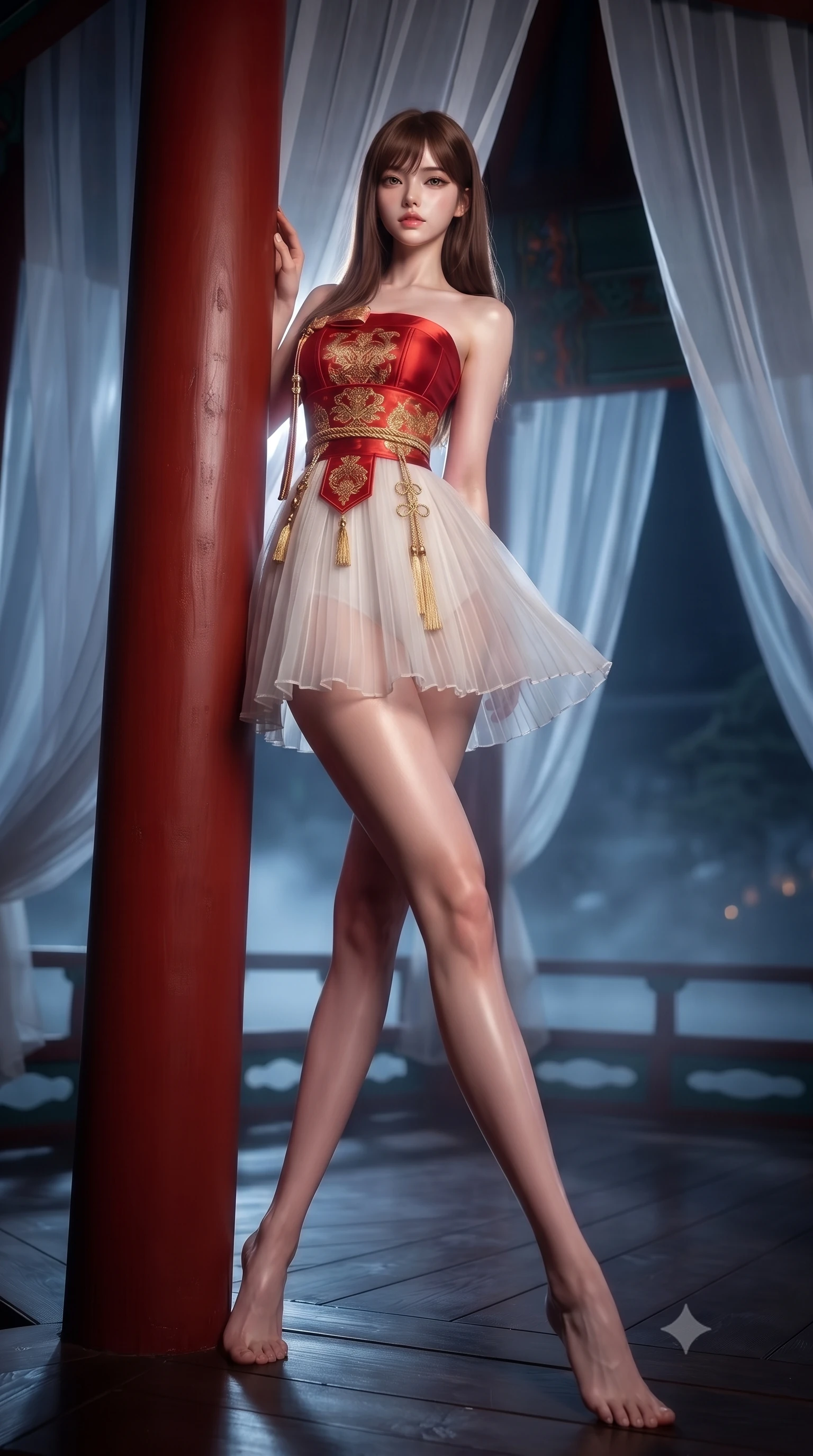score_9, masterpiece, best quality, ultra-detailed, high-budget anime keyframe, editorial fashion photography, tasteful artistic composition, Korean woman. low angle full-body shot from head to toe showing her feet, filling the entire 9:16 vertical frame with her statuesque presence, stretching her vertical silhouette. pivoting dynamically with supreme athletic balance and poise, her impossibly long slender legs creating a breathtaking line while leaning against the scarlet pillar of a moonlit silk gazebo as translucent organza curtains sway in the night breeze. The composition keeps background elements in soft focus with creamy bokeh. billowing silk pavilion drapes and water mist layers softened in dreamy atmospheric depth of field. She has an absolutely perfect, statuesque 8.5-heads proportion, an exceptionally tall and slender model-like female figure with impossibly long slender legs, a toned flat midriff, and an ultra-slim waist. sharp v-shaped jawline, high-bridge nose, intricate jewel-like eyes with depth, thick eyelashes, glossy lips with a natural sheen, captivating and magnetic expression, flawlessly proportioned anatomical accuracy, strict slender model proportions, natural body alignment, perfectly sculpted long slender limbs, ultra-slim waistline, clean dynamic posture without body distortion. wearing a sacred shrine maiden couture robe with sheer pleated chiffon skirt and structured scarlet corset top in imperial gold and deep crimson silk, crafted from traditional Korean gossamer silk organza with pearlescent luster, accessorized with delicate gold bell tassels and braided silk cords, the sleek tailored cut tightly hugging her graceful clavicle, narrow waist, and feminine curves with statuesque precision. surrounded by an otherworldly, sacred, and breathtakingly pure moon goddess aura. ultra-reflective glossy finish, specular highlights, rich textural contrasts, high-contrast stereoscopic depth, volumetric dynamic lighting, 2k, ultra detail, master piece, 9:16 ratio