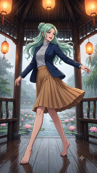 score_9, masterpiece, best quality, ultra-detailed, high-budget anime keyframe, editorial fashion photography, tasteful artistic composition, Japanese woman. low angle full-body shot from head to toe showing her feet, filling the entire 9:16 vertical