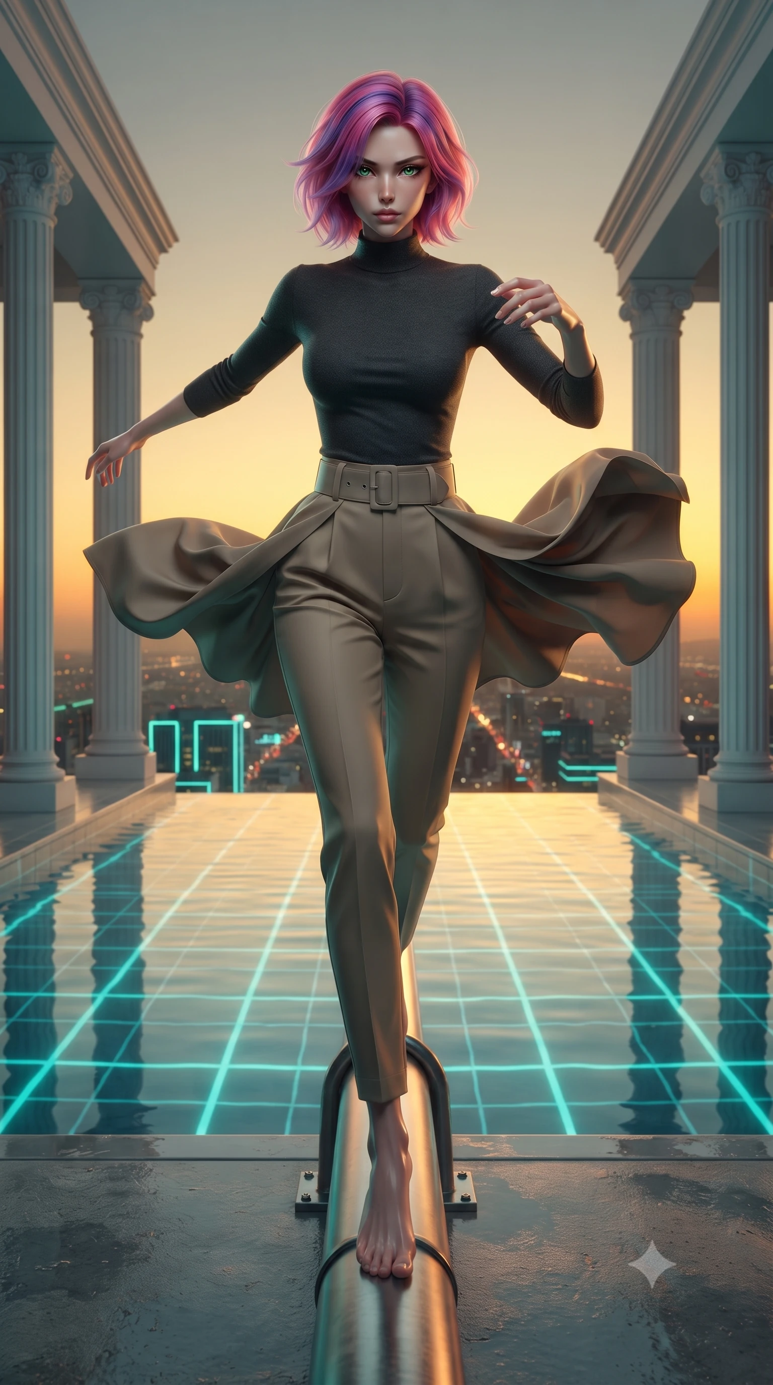 score_9, masterpiece, best quality, ultra-detailed, high-budget anime keyframe, editorial fashion photography, tasteful artistic composition, realistic cosplay photography, Caucasian woman, strictly human ears. low angle full-body shot from head to toe showing her feet, filling the entire 9:16 vertical frame with her statuesque presence, stretching her vertical silhouette. dashing forward aggressively along a narrow pipe high above the neon city grid through an infinity pool on a skyscraper roof, the still water blending into the sunset horizon, clean white columns framing the view. She has a statuesque 8.5-heads proportion, an exceptionally tall, slender and willowy model-like build with impossibly long legs and a highly sculpted ultra-slim waist. sharp v-shaped jawline, high-bridge nose, intricate jewel-like eyes with depth, thick eyelashes, glossy lips with a natural sheen. wearing the lightweight fabric rippling and billowing dramatically with her movement, a form-contouring fitted mock-neck jersey top in charcoal, tucked into high-waisted tailored khaki trousers with a wide belt. warm amber rim lighting combined with cool teal fill light creating dramatic contrast. ultra-reflective glossy finish, specular highlights, metallic sheen, high-contrast stereoscopic depth, volumetric dynamic lighting, 2k, ultra detail, master piece, 9:16 ratio