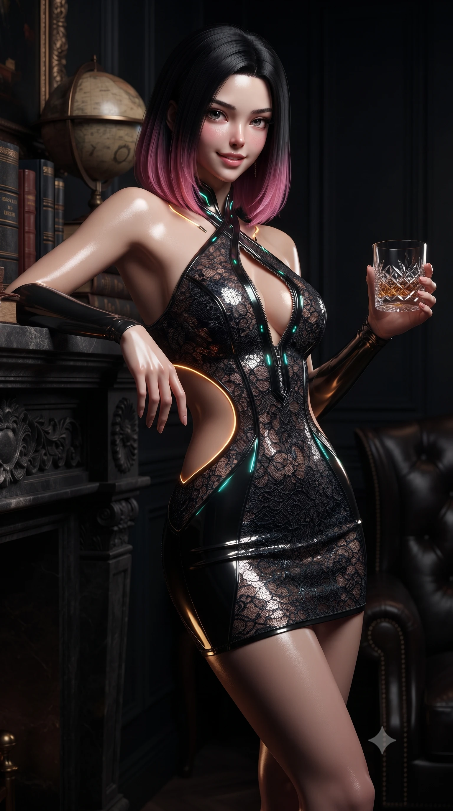 score_9, masterpiece, best quality, ultra-detailed, high-budget anime keyframe, editorial fashion photography, tasteful artistic composition, Korean woman. close-up cowboy shot from the waist and thighs up, the character dominates the composition, filling the frame with her large presence. extending one arm gracefully toward the shadows while her torso arches in a sleek, alluring curve with intoxicating, dangerous allure while leaning against the fireplace mantelpiece with a haughty, tempting smile holding a crystal whiskey tumbler. The surrounding environment is rendered in vivid detail and crisp panoramic clarity. high-contrast nocturnal luxury chiaroscuro and contemporary noir aesthetic rendered in panoramic sharpness. She has an exceptionally elegant, slender, and willowy female figure with an ultra-slim waist, a gracefully sculpted slender torso, toned flat midriff, and a refined slim silhouette. sharp v-shaped jawline, high-bridge nose, intricate jewel-like eyes with depth, thick eyelashes, glossy lips with a natural sheen, flawlessly proportioned anatomical accuracy, strict slender model proportions, natural body alignment, perfectly sculpted long slender limbs, ultra-slim waistline, clean dynamic posture without body distortion. wearing a molten gunmetal liquid-metal mini dress featuring deep side-waist cutouts and a daring crossover halter neckline in high-gloss lacquer black and electric emerald highlights, crafted from delicate dark lace interwoven with luminescent micro-fibers, featuring a dangerously unzipped neckline framed by subtle glowing cybernetic accents, the glove-like aerodynamic second-skin fit tightly clinging to her ultra-slender waist and athletic curves without adding bulk, accentuating her razor-sharp statuesque lines and slim hourglass silhouette. illuminated by sharp golden-amber rim lights tracing her ultra-slim waist, flat midriff, and sculpted collarbones. ultra-reflective glossy finish, specular highlights, dark metallic sheen, deep chiaroscuro contrast, volumetric dynamic shadow lighting, 2k, ultra detail, master piece, 9:16 ratio
