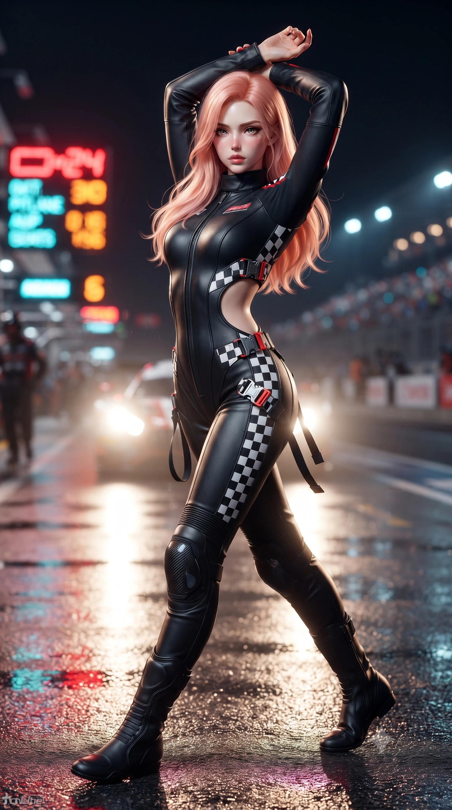 score_9, masterpiece, best quality, ultra-detailed, high-budget anime keyframe, editorial fashion photography, tasteful artistic composition, Japanese woman. close-up cowboy shot from the waist and thighs up, the character dominates the composition, filling the frame with her large presence. arching her back languidly with arms stretching overhead, highlighting her narrow waist and feminine silhouette in pure supermodel elegance while striding dynamically along the wet pitlane pavement as incoming headlights cast long, cinematic specular reflections. The composition keeps background elements in soft focus with creamy bokeh. flashing neon pitlane status boards and distant crowd stadium lights blurred into blazing crimson, electric cyan, and amber bokeh. She has an exceptionally elegant, slender, and willowy female figure with an ultra-slim waist, a gracefully sculpted slender torso, toned flat midriff, and a refined slim silhouette. sharp v-shaped jawline, high-bridge nose, intricate jewel-like eyes with depth, thick eyelashes, glossy parted lips with a natural sheen, intensely captivating and seductive expression, flawlessly proportioned anatomical accuracy, strict slender model proportions, natural body alignment, perfectly sculpted long slender limbs, ultra-slim waistline, clean dynamic posture without body distortion. wearing a high-collar leather speedsuit featuring bold side-torso cutouts and quick-release titanium buckles in monochrome checkerboard black and white with red accents, crafted from flexible ballistic matte leather and aerodynamic stretch neoprene, accented with hanging industrial clip straps and carbon fiber knee sliders, the glove-like aerodynamic second-skin fit tightly clinging to her ultra-slender waist and athletic curves without adding bulk, accentuating her razor-sharp statuesque lines and slim hourglass silhouette. bathed in high-intensity xenon hypercar headlights and neon pitlane floodlights. ultra-reflective glossy finish, specular highlights, rich textural contrasts, high-contrast stereoscopic depth, volumetric dynamic lighting, 2k, ultra detail, master piece, 9:16 ratio