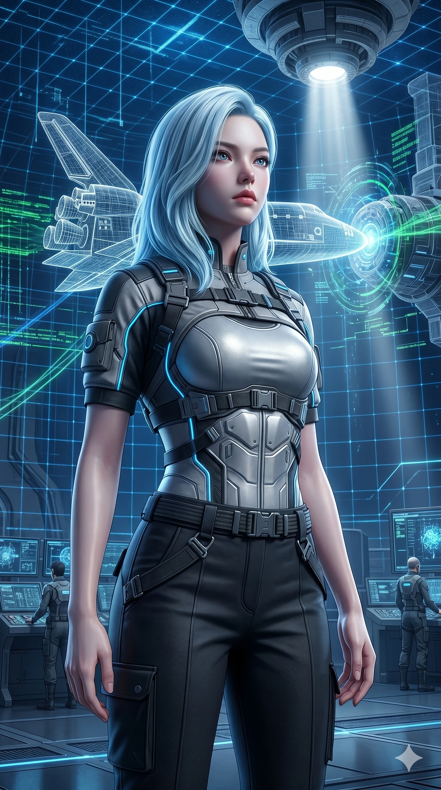 score_9, masterpiece, best quality, ultra-detailed, high-budget anime keyframe, semi-realistic 3D game render, Korean woman. Upper body close-up from the thighs up, character filling the screen for maximum presence. Inside a virtual reality space station hangar, watching a wireframe shuttle dock with a focused, serious expression. She is wearing a tech-wear uniform shirt over a silver bodice and dark trousers. The scene is lit by the blue security grid and white spotlights of the docking bay. 2k, ultra detail, master piece, 9:16 ratio