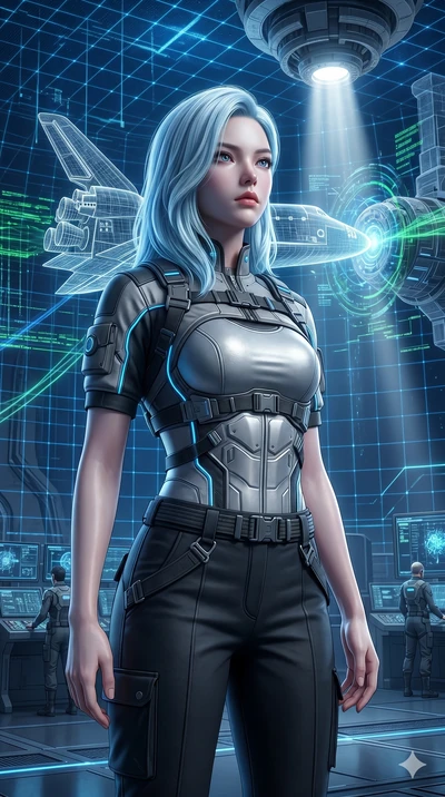 score_9, masterpiece, best quality, ultra-detailed, high-budget anime keyframe, semi-realistic 3D game render, Korean woman. Upper body close-up from the thighs up, character filling the screen for maximum presence. Inside a virtual reality space sta