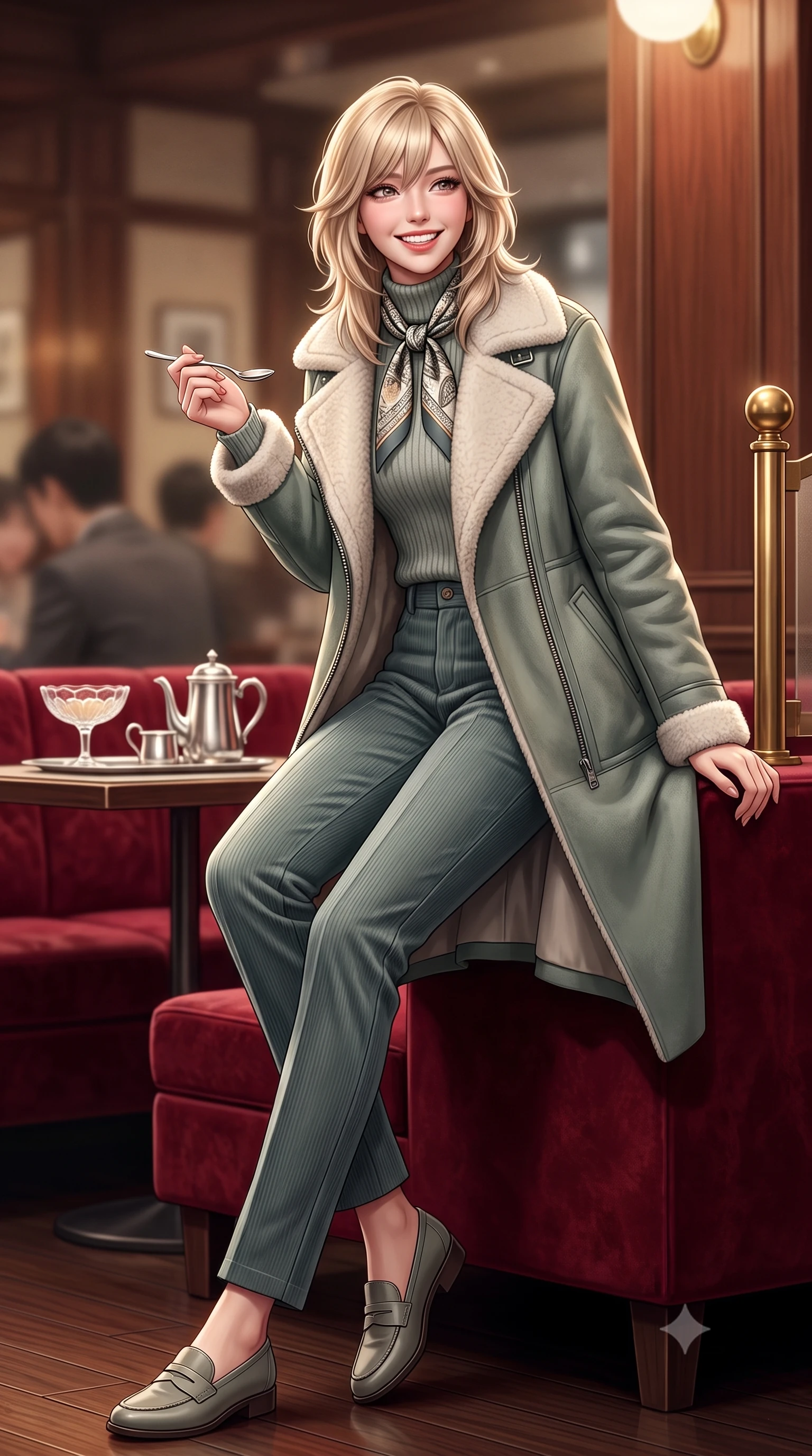 score_9, masterpiece, best quality, ultra-detailed, high-budget anime keyframe, semi-realistic 3D game render, editorial fashion photography, tasteful artistic composition, Japanese woman. low angle full-body shot from head to toe showing her feet, filling the entire 9:16 vertical frame with her statuesque presence, stretching her vertical silhouette. pausing along the promenade and turning back toward the camera with an infectious, delightful smile and perfect posture while perched gracefully on the edge of the velvet banquette, holding a silver dessert spoon with playful, charming elegance. The background shows a soft-focus vintage crystal dessert coupes and silver coffee services softened in nostalgic Tokyo cafe romance shallow focus. She has an exceptionally tall and slender model-like 8.5-heads proportion, an ultra-slim waist, a flat toned midriff, narrow delicate ribcage, and beautifully sculpted feminine hips creating a graceful, slim hourglass silhouette without any bulky heaviness, with impossibly long slender legs. sharp v-shaped jawline, high-bridge nose, intricate jewel-like sparkling eyes with depth, thick eyelashes, glossy parted lips with a natural peach sheen, bright cheerful beaming smile with an enchanting and coquettish sensual glint, exuding both youthful cute charm and seductive allure, flawlessly proportioned anatomical accuracy, strict slender model proportions, natural body alignment, perfectly sculpted long slender limbs, ultra-slim waistline, clean dynamic posture without body distortion. wearing a plush shearling-trimmed suede aviator coat layered over a cozy ribbed merino knit sweater and tailored corduroy pants in misty Arashiyama bamboo green and slate grey, crafted from rich cotton velvet with deep light-absorbing pile and soft gradients, finished with a printed silk twilly scarf knotted gracefully around her neck, the expertly draped wool fabric falling in crisp fluid lines along her tall 8.5-heads silhouette, celebrating her slender frame without excess fabric bulk. illuminated by rosewood wall and brass reflection bounce with crisp champagne rim lights defining her cheekbones and slender waist. highly saturated vibrant anime colors, detailed shading with soft gradients, rich glossy textures, high-contrast stereoscopic depth, volumetric dynamic lighting, master piece, 9:16 ratio