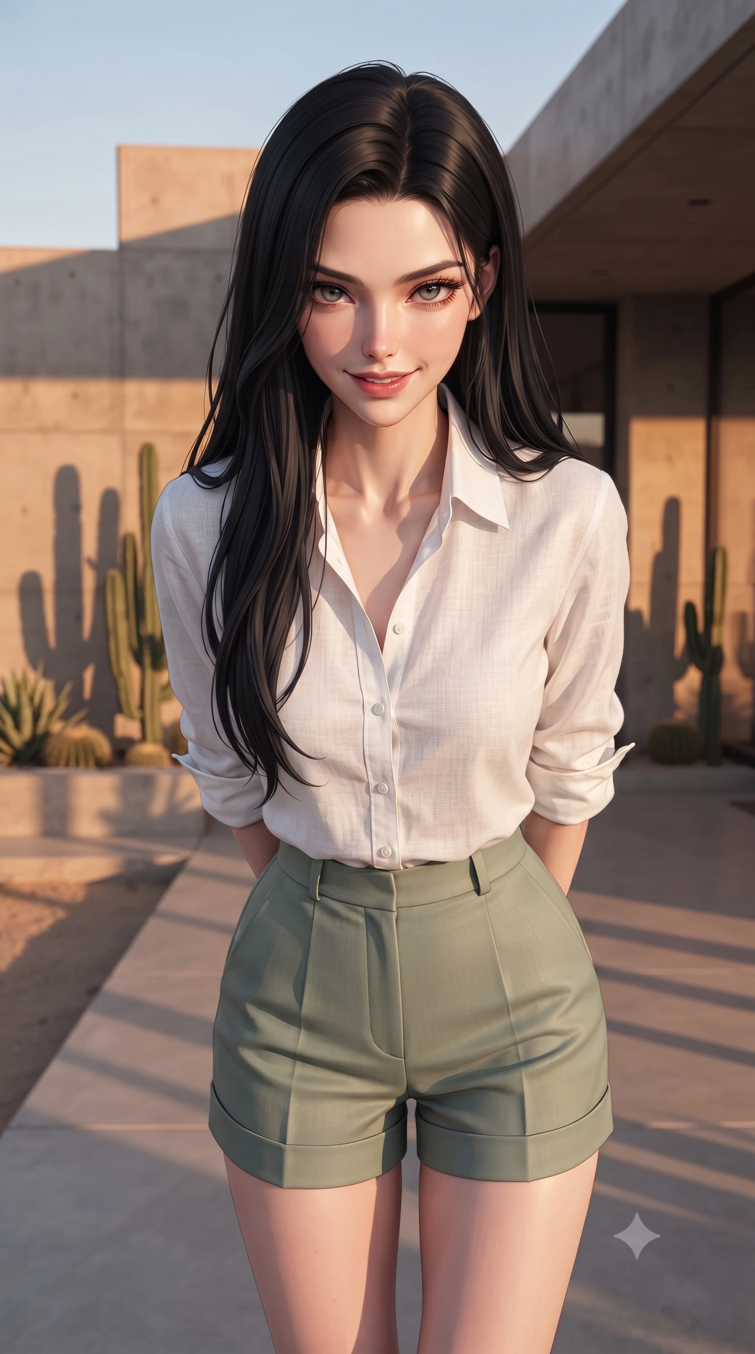 score_9, masterpiece, best quality, ultra-detailed, high-budget anime keyframe, editorial fashion photography, tasteful artistic composition, Korean woman woman. close-up cowboy shot from the waist and thighs up, the character dominates the composition, filling the frame with her large presence, background elements kept in soft focus. leaning slightly forward with a playful, teasing smile, her gaze locked onto the viewer the background shows a soft-focus a patio of a modern concrete villa in the desert, with minimalist cacti landscaping. She has an exceptionally elegant, slender, and willowy female figure with an ultra-slim waist, a gracefully sculpted slender torso, and a refined silhouette. sharp v-shaped jawline, high-bridge nose, intricate jewel-like eyes with depth, thick eyelashes, glossy lips with a natural sheen. wearing a slim-fit comfortable linen button-down shirt in white, tucked into high-waisted sage green shorts. the dramatic orange glow of a desert sunset casting long shadows of the cacti. ultra-reflective glossy finish, specular highlights, metallic sheen, high-contrast stereoscopic depth, volumetric dynamic lighting, 2k, ultra detail, master piece, 9:16 ratio