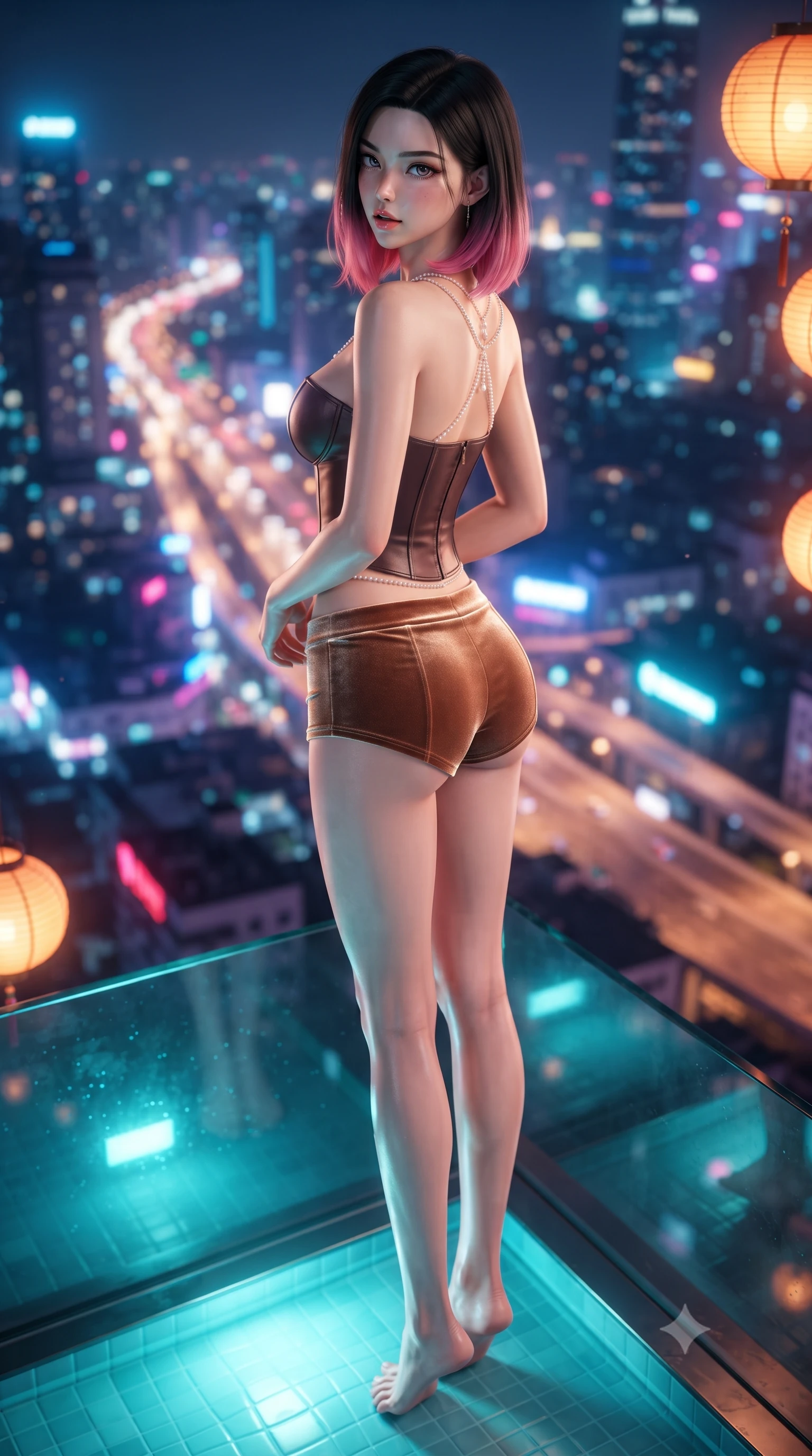 score_9, masterpiece, best quality, ultra-detailed, high-budget anime keyframe, editorial fashion photography, tasteful artistic composition, Korean woman. low angle full-body shot from head to toe showing her feet, filling the entire 9:16 vertical frame with her statuesque presence, stretching her vertical silhouette. executing a slow, graceful pivot turn as her silk gown sways around her slender legs, glancing back with an enchanting, teasing sensual expression while standing perched at the edge of the glass infinity pool high above the neon city, arching her back with breathless siren glamour and glancing back over a bare shoulder. The background shows a soft-focus the vast panorama of metropolitan skyscrapers, glowing highways, and neon rooftops blurred into glittering sapphire, magenta, and gold bokeh. She has an absolutely perfect, statuesque 8.5-heads proportion, an exceptionally tall and slender model-like female figure with impossibly long slender legs, an ultra-slim waist, a flat toned midriff, narrow delicate ribcage, and beautifully sculpted feminine hips creating a graceful, slim hourglass silhouette without any bulky heaviness. sharp v-shaped jawline, high-bridge nose, sparkling eyes with hypnotic seductive depth, thick curled eyelashes, glossy parted lips with a natural dewy peach sheen, alluring bedroom-eyes with an enchanting coquettish smile, exuding magnetic siren charisma and sophisticated high-fashion glamour, flawlessly proportioned anatomical accuracy, strict slender model proportions, natural body alignment, perfectly sculpted long slender limbs, ultra-slim waistline, clean dynamic posture without body distortion. wearing a strapless boned leatherette corset paired with low-waisted tailored satin hot-pants in sultry espresso bronze and metallic copper, tailored from ultra-plush velvet with rich tactile depth and deep shadow gradients, accented with a pearl-drop body harness subtly framing her dewy collarbones and spine, the liquid-tight tailored fabric clinging flawlessly to her narrow waist and rounded feminine hips, emphasizing every millimeter of her sculpted slim hourglass curves without any bulky heaviness. bathed in luminous turquoise underwater pool illumination paired with warm amber lantern glow. ultra-reflective glossy finish, specular highlights, rich textural contrasts, high-contrast stereoscopic depth, volumetric dynamic lighting, 2k, ultra detail, master piece, 9:16 ratio