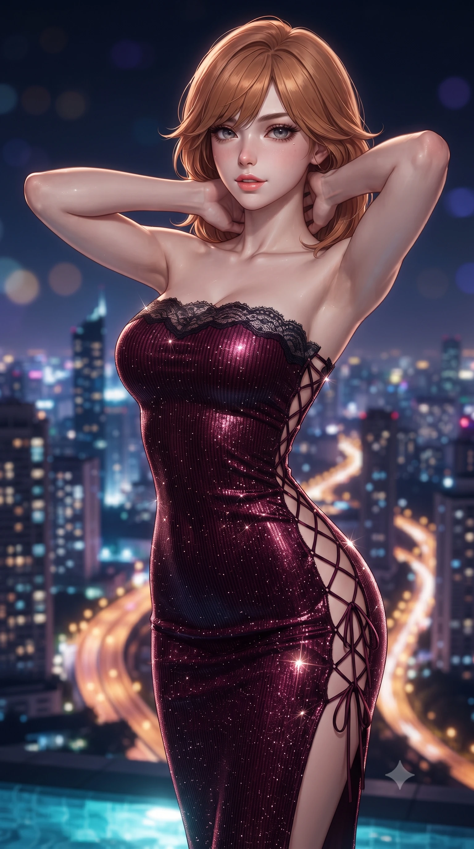 score_9, masterpiece, best quality, ultra-detailed, high-budget anime keyframe, editorial fashion photography, tasteful artistic composition, Korean woman. close-up cowboy shot from the waist and thighs up, the character dominates the composition, filling the frame with her large presence. resting both hands lightly behind her neck with elbows raised, arching her spine to highlight her narrow waist, flat midriff, and breathtaking collarbones while twisting her slender torso in an alluring S-curve, city skyscraper lights miles below illuminating her sculpted flat midriff and curvy hips. The background shows a soft-focus the vast sea of illuminated city skyscrapers, snaking neon expressways miles below, and midnight sky blurred into sapphire, gold, and violet bokeh. She has an exceptionally elegant, slender, and willowy female figure with an ultra-slim waist, flat toned midriff, narrow ribcage, and sculpted feminine hips creating an alluring, slim hourglass silhouette without bulk. sharp v-shaped jawline, high-bridge nose, sparkling eyes with hypnotic seductive depth, thick curled eyelashes, glossy parted lips with a natural dewy peach sheen, alluring bedroom-eyes with an enchanting coquettish smile, exuding magnetic siren charisma and sophisticated glamour, flawlessly proportioned anatomical accuracy, strict slender model proportions, natural body alignment, perfectly sculpted long slender limbs, ultra-slim waistline, clean dynamic posture without body distortion. wearing a form-contouring ribbed knit tube dress with subtle side-lace ties tracing the curve of her hips in deep bordeaux velvet and delicate black chantilly, woven from stretch metallic lurex jersey casting radiant starlight glints across her silhouette, featuring fine criss-cross lace-up side ties revealing tantalizing glimpses of her hip curve, the precision-cut side openings and low-back scoop framing her graceful spine and the sensual sweep of her slim, toned hips. bathed in crisp underwater pool lighting paired with upward metropolitan light pollution fill. ultra-reflective glossy finish, specular highlights, rich textural contrasts, high-contrast stereoscopic depth, volumetric dynamic lighting, 2k, ultra detail, master piece, 9:16 ratio