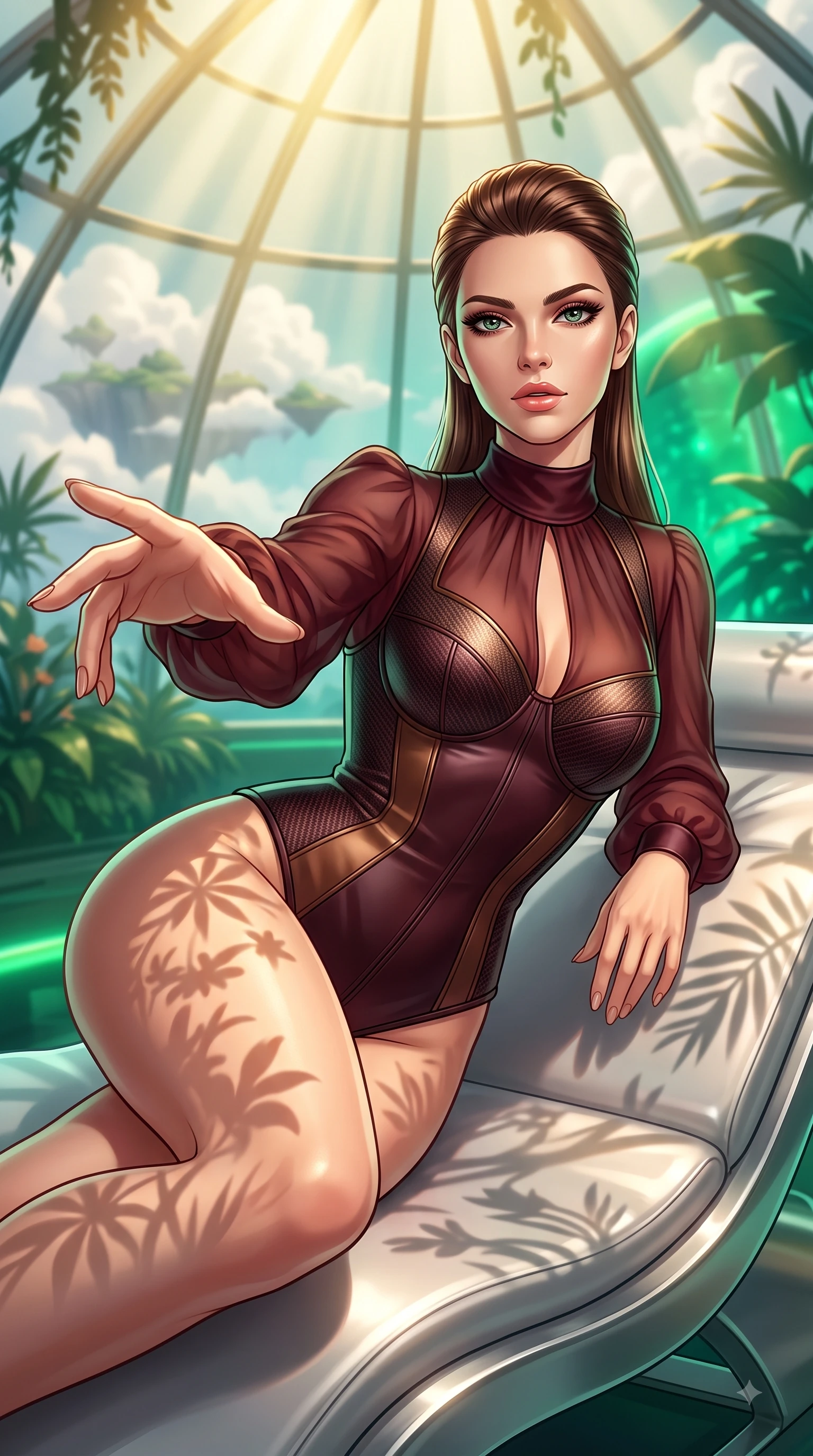 score_9, masterpiece, best quality, ultra-detailed, high-budget anime keyframe, editorial fashion photography, tasteful artistic composition, Caucasian woman. close-up cowboy shot from the waist and thighs up, the character dominates the composition, filling the frame with her large presence, background elements kept in soft focus. Reaching one arm gracefully toward the camera with magnetic poise, displaying her statuesque silhouette while lounging gracefully on a platinum sunbed in a sunlit botanical dome overlooking flying cloud islands, intense volumetric sunbeams filtering through the glass ceiling, creating stencil shadows. She has an exceptionally elegant, slender, and willowy female figure with an ultra-slim waist, a gracefully sculpted slender torso, and a refined silhouette. sharp v-shaped jawline, high-bridge nose, intricate jewel-like eyes with depth, thick eyelashes, glossy lips with a natural sheen, flawlessly proportioned anatomical accuracy, natural body alignment, perfectly sculpted elegant limbs, clean dynamic posture without body distortion. wearing a tailored leather bustier over a sheer silk chiffon blouse in deep burgundy and bronze, made of fine carbon-fiber weave and soft matte leather, accented with a Tasteful chest slit framing her clavicle gracefully, the form-contouring material highlighting her ultra-slim waist and long lines. bathed in warm golden sunlight and soft emerald bioluminescent glow. highly saturated vibrant anime colors, detailed shading with soft gradients, rich glossy textures, high-contrast stereoscopic depth, volumetric dynamic lighting, master piece, 9:16 ratio