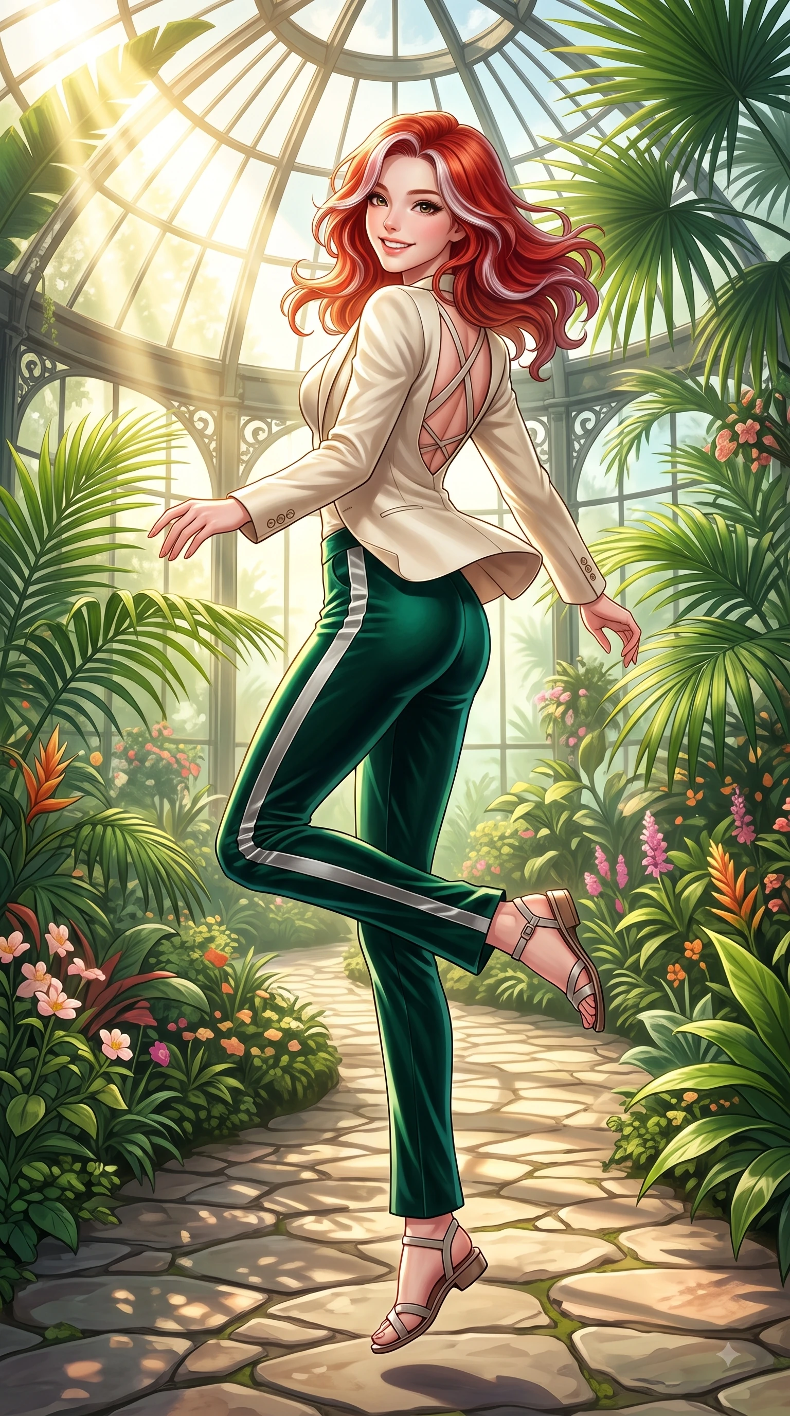 score_9, masterpiece, best quality, ultra-detailed, high-budget anime keyframe, editorial fashion photography, tasteful artistic composition, Caucasian woman. low angle full-body shot from head to toe showing her feet, filling the entire 9:16 vertical frame with her statuesque presence, stretching her vertical silhouette. performing a cheerful mid-air rotation with flawless poise, her radiant smile capturing fresh college girlhood energy while walking along a stone path in a lush botanical greenhouse surrounded by tropical green palms, intense volumetric sunbeams penetrating glass dome panes in bright golden rays. She has an absolutely perfect, statuesque 8.5-heads proportion, an exceptionally tall and slender model-like female figure with impossibly long slender legs and an ultra-slim waist. sharp v-shaped jawline, high-bridge nose, intricate jewel-like eyes with depth, thick eyelashes, glossy lips with a natural sheen, flawlessly proportioned anatomical accuracy, natural body alignment, perfectly sculpted elegant limbs, clean dynamic posture without body distortion. wearing a tailored cream silk blazer over a form-contouring scoop-neck top and slacks in deep emerald green and silver accent, made of premium stretch velvet with a rich sheen, complemented by criss-cross back straps highlighting her bare shoulders, the tailored fabric tightly following every curve of her athletic build. surrounded by a bright, airy, and refreshing tropical garden atmosphere. highly saturated vibrant anime colors, detailed shading with soft gradients, rich glossy textures, high-contrast stereoscopic depth, volumetric dynamic lighting, master piece, 9:16 ratio