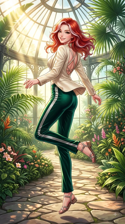 score_9, masterpiece, best quality, ultra-detailed, high-budget anime keyframe, editorial fashion photography, tasteful artistic composition, Caucasian woman. low angle full-body shot from head to toe showing her feet, filling the entire 9:16 vertica