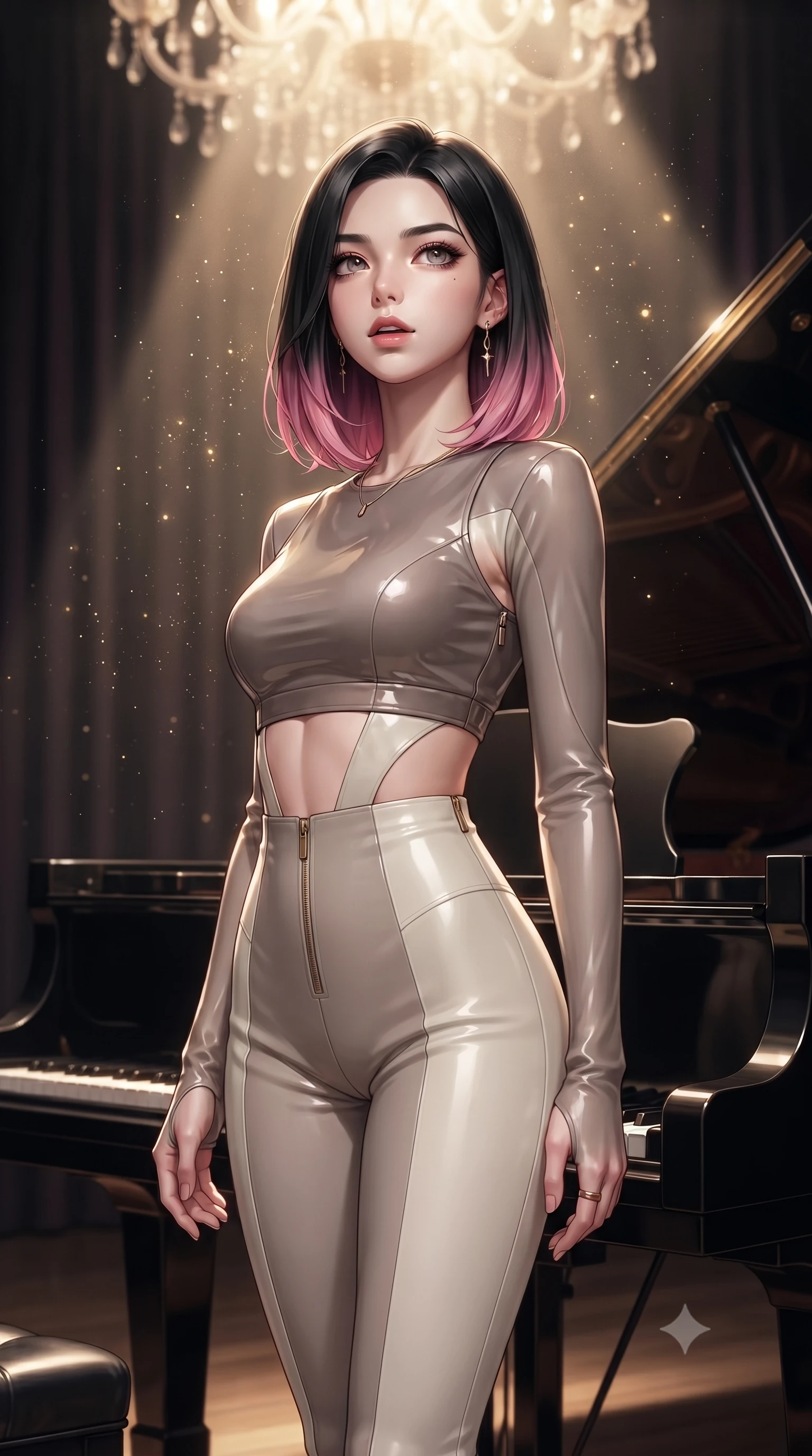 score_9, masterpiece, best quality, ultra-detailed, high-budget anime keyframe, editorial fashion photography, tasteful artistic composition, Korean woman. close-up cowboy shot from the waist and thighs up, the character dominates the composition, filling the frame with her large presence, background elements kept in soft focus. Tilting her chin up slightly with lips parted in a magnetic, composed expression standing beside a polished ebony grand piano on a solitary concert stage, golden dust particles dancing gracefully in the beam of key light. She has an exceptionally elegant, slender, and willowy female figure with an ultra-slim waist, a gracefully sculpted slender torso, and a refined silhouette. sharp v-shaped jawline, high-bridge nose, intricate jewel-like eyes with depth, thick eyelashes, glossy lips with a natural sheen. wearing a glossy vinyl crop top and high-waist tailored leggings with sleek zippers in muted taupe and soft ivory, crafted from smooth liquid silk, featuring clean architectural cutouts along her slender torso, the glove-like fit emphasizing her statuesque silhouette. illuminated by warm chandelier glow reflecting off polished black wood. highly saturated vibrant anime colors, detailed shading with soft gradients, rich glossy textures, high-contrast stereoscopic depth, volumetric dynamic lighting, master piece, 9:16 ratio