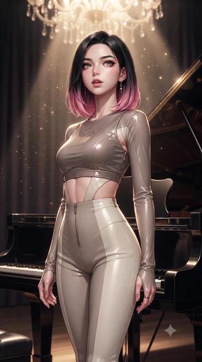 score_9, masterpiece, best quality, ultra-detailed, high-budget anime keyframe, editorial fashion photography, tasteful artistic composition, Korean woman. close-up cowboy shot from the waist and thighs up, the character dominates the composition, fi