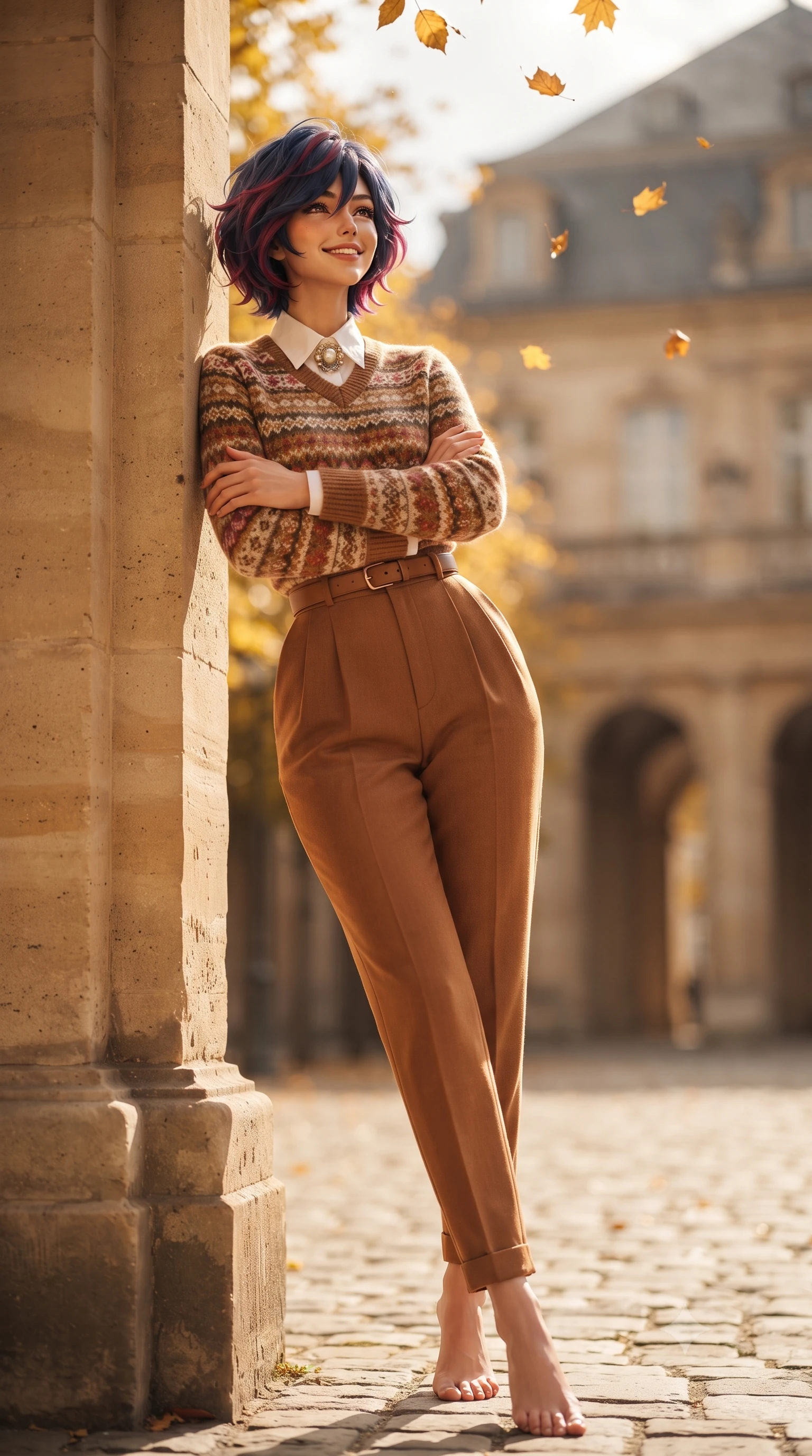 score_9, masterpiece, best quality, ultra-detailed, high-budget anime keyframe, editorial fashion photography, tasteful artistic composition, Korean woman. low angle full-body shot from head to toe showing her feet, filling the entire 9:16 vertical frame with her statuesque presence, stretching her vertical silhouette. leaning lightly against the sunlit architectural column with arms crossed loosely, flashing a warm, confident smile while standing in the sun-dappled courtyard among golden manicured linden trees, watching autumn leaves flutter down with serene delight. The background shows a soft-focus receding rows of stone arches, golden clipped linden tree alleys, and historic palace facades blurred into sandstone, marigold, and sky grey bokeh. She has an exceptionally tall and slender model-like 8.5-heads proportion, an ultra-slim waist, a flat toned midriff, narrow delicate ribcage, and beautifully sculpted feminine hips creating a graceful, slim hourglass silhouette without any bulky heaviness, with impossibly long slender legs. sharp v-shaped jawline, high-bridge nose, intricate jewel-like sparkling eyes with depth, thick eyelashes, glossy parted lips with a natural peach sheen, bright cheerful beaming smile with an enchanting and coquettish sensual glint, exuding both youthful cute charm and seductive allure, flawlessly proportioned anatomical accuracy, strict slender model proportions, natural body alignment, perfectly sculpted long slender limbs, ultra-slim waistline, clean dynamic posture without body distortion. wearing a Fair Isle patterned lambswool knit sweater layered over an Oxford button-down shirt with pleated wool trousers in warm winter cinnamon and toasted caramel, tailored from fine wool gabardine with crisp permanent pleats and sharp drape, complemented by an antique baroque pearl brooch pinned tastefully on the lapel, the structured cinched belt emphasizing her narrow waistline and gracefully balanced proportions with timeless haute-couture polish. bathed in rhythmic alternating pools of bright autumn afternoon sun and soft shaded stone arcade ambient light. ultra-reflective glossy finish, specular highlights, rich textural contrasts, high-contrast stereoscopic depth, volumetric dynamic lighting, 2k, ultra detail, master piece, 9:16 ratio