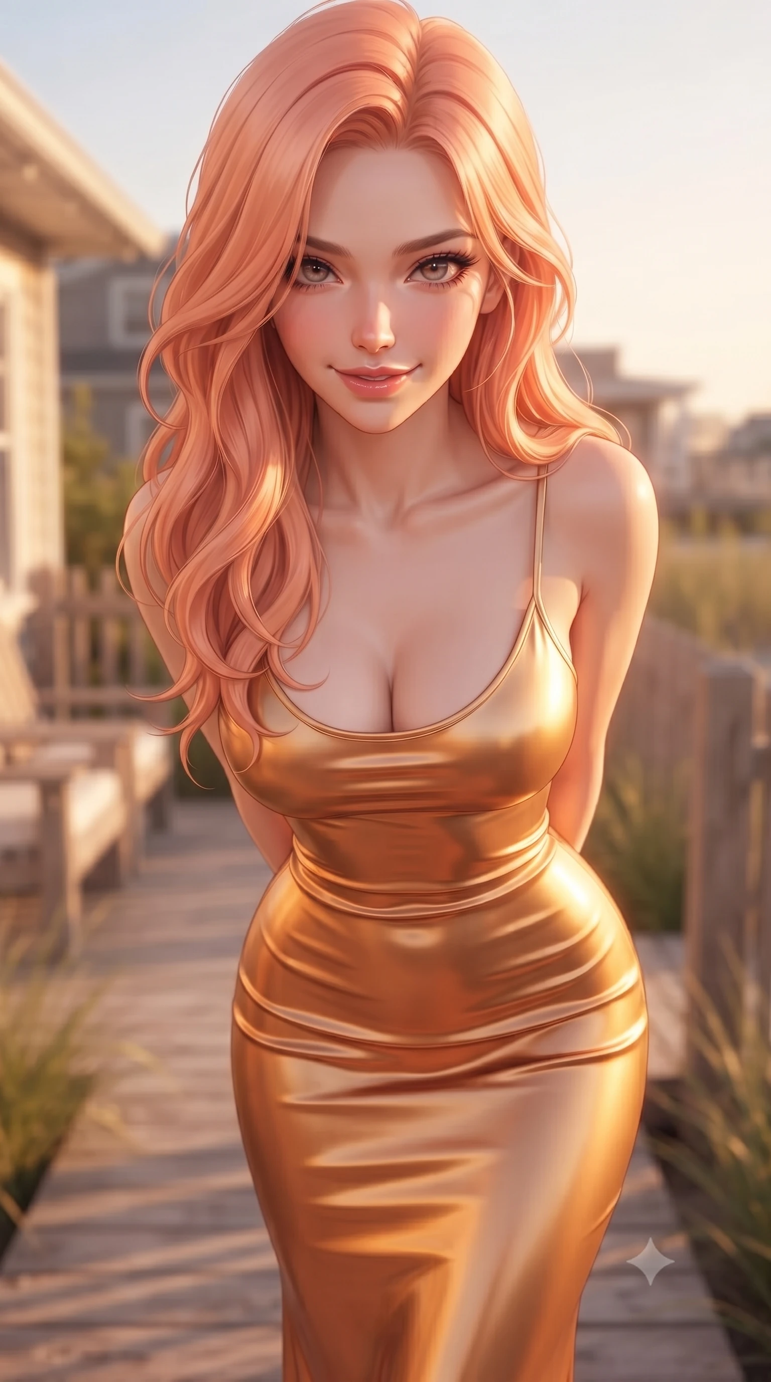 score_9, masterpiece, best quality, ultra-detailed, high-budget anime keyframe, editorial fashion photography, tasteful artistic composition, Japanese woman woman. close-up cowboy shot from the waist and thighs up, the character dominates the composition, filling the frame with her large presence, background elements kept in soft focus. leaning slightly forward with a playful, teasing smile, her gaze locked onto the viewer the background shows a soft-focus a cozy wooden deck of a beachside cottage, surrounded by beachgrass and wooden fences. She has an exceptionally elegant, slender, and willowy female figure with an ultra-slim waist, a gracefully sculpted slender torso, and a refined silhouette. sharp v-shaped jawline, high-bridge nose, intricate jewel-like eyes with depth, thick eyelashes, glossy lips with a natural sheen. wearing a slim-fit body-hugging liquid silk slip dress in sunset gold, clinging to her slender waist and hips. warm sunset light casting a peaceful, cozy orange wash on her figure. ultra-reflective glossy finish, specular highlights, metallic sheen, high-contrast stereoscopic depth, volumetric dynamic lighting, 2k, ultra detail, master piece, 9:16 ratio
