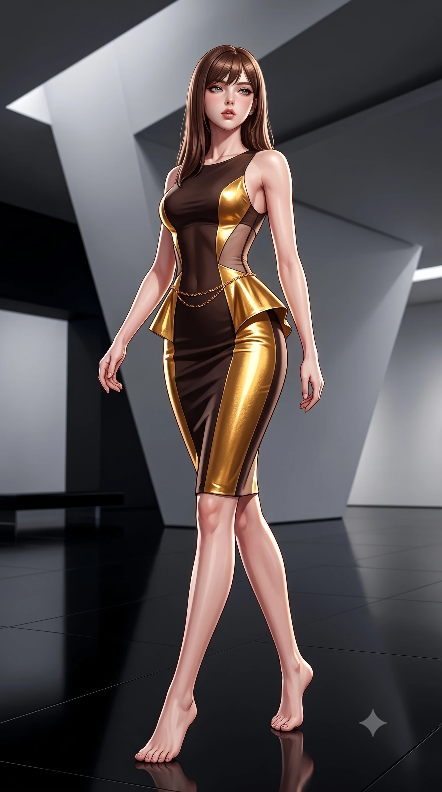 score_9, masterpiece, best quality, ultra-detailed, high-budget anime keyframe, semi-realistic 3D game render, editorial fashion photography, tasteful artistic composition, Korean woman. low angle full-body shot from head to toe showing her feet, filling the entire 9:16 vertical frame with her statuesque presence, stretching her vertical silhouette. striding forward in a proud supermodel runway stride, hips swaying in an alluring kinetic rhythm that accentuates her curvy hourglass silhouette while gliding across the high-gloss black epoxy floor with sovereign elegance, glancing over a bare shoulder with parted glossy lips. The surrounding environment is rendered in vivid detail and crisp panoramic clarity. high-contrast minimalist museum chiaroscuro and avant-garde contemporary high-fashion aesthetics in precision. She has an exceptionally tall and slender model-like 8.5-heads proportion, an ultra-slim waist, a flat toned midriff, narrow delicate ribcage, and beautifully sculpted feminine hips creating a graceful, slim hourglass silhouette without any bulky heaviness, with impossibly long slender legs. sharp v-shaped jawline, high-bridge nose, intricate jewel-like eyes with depth, thick eyelashes, glossy parted lips with a natural sheen, intensely captivating and seductive bedroom-eyes expression, flawlessly proportioned anatomical accuracy, strict slender model proportions, natural body alignment, perfectly sculpted long slender limbs, ultra-slim waistline, clean dynamic posture without body distortion. wearing a structural geometric peplum gown with sheer side-ribbon cutouts and form-fitting skirt in dark espresso brown and molten gold foil, tailored from ultra-smooth duchess satin with a pearlescent sheen, accented with a delicate gold chain belt resting loosely on her curvy hips, the second-skin form-contouring cut accentuating her sculpted flat midriff, narrow delicate ribcage, and gracefully curvy hips with supermodel precision. illuminated by sharp linear edge highlights defining her sculpted collarbones, ultra-slim waist, and curvy hips. highly saturated vibrant anime colors, detailed shading with soft gradients, rich glossy textures, high-contrast stereoscopic depth, volumetric dynamic lighting, master piece, 9:16 ratio