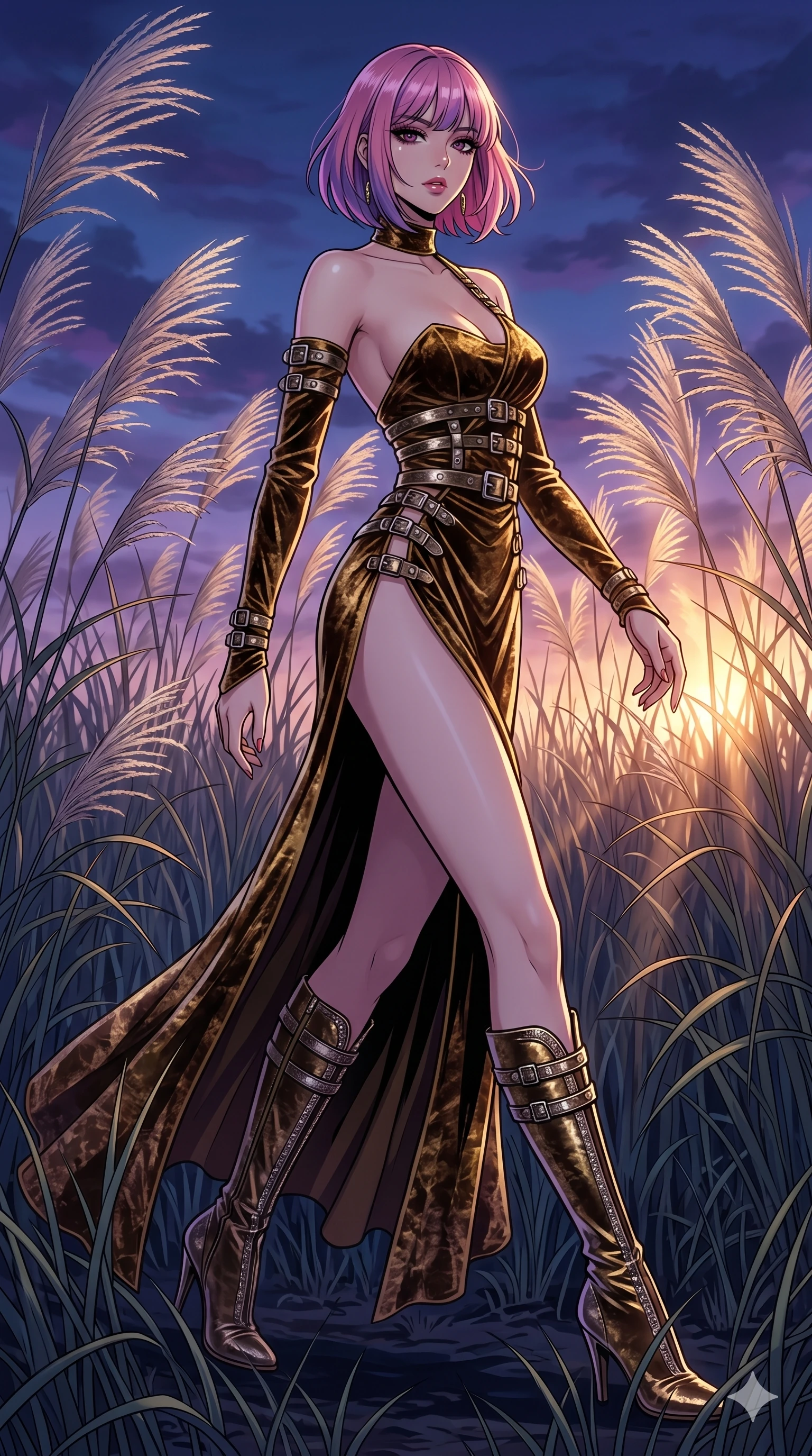 score_9, masterpiece, best quality, ultra-detailed, High-budget Anime Keyframe, East Asian woman. Dynamic full-body shot stretching the vertical silhouette to the limit. Scenario 148: Walking through a field of tall silver grass at twilight. Her presence is magnetic and overpowering in this high-budget anime scene. Outfit 148: A crushed dark velvet gold with a low-cut shoulder and metallic buckles. The clothing is designed to emphasize her exceptionally tall and slender 8-heads proportion. 8-heads proportion, towering silhouette, ultra-slim waist. sharp v-shaped jawline, intricate jewel-like eyes with depth, thick eyelashes, glossy lips. 2k, ultra detail, master piece, 9:16 ratio