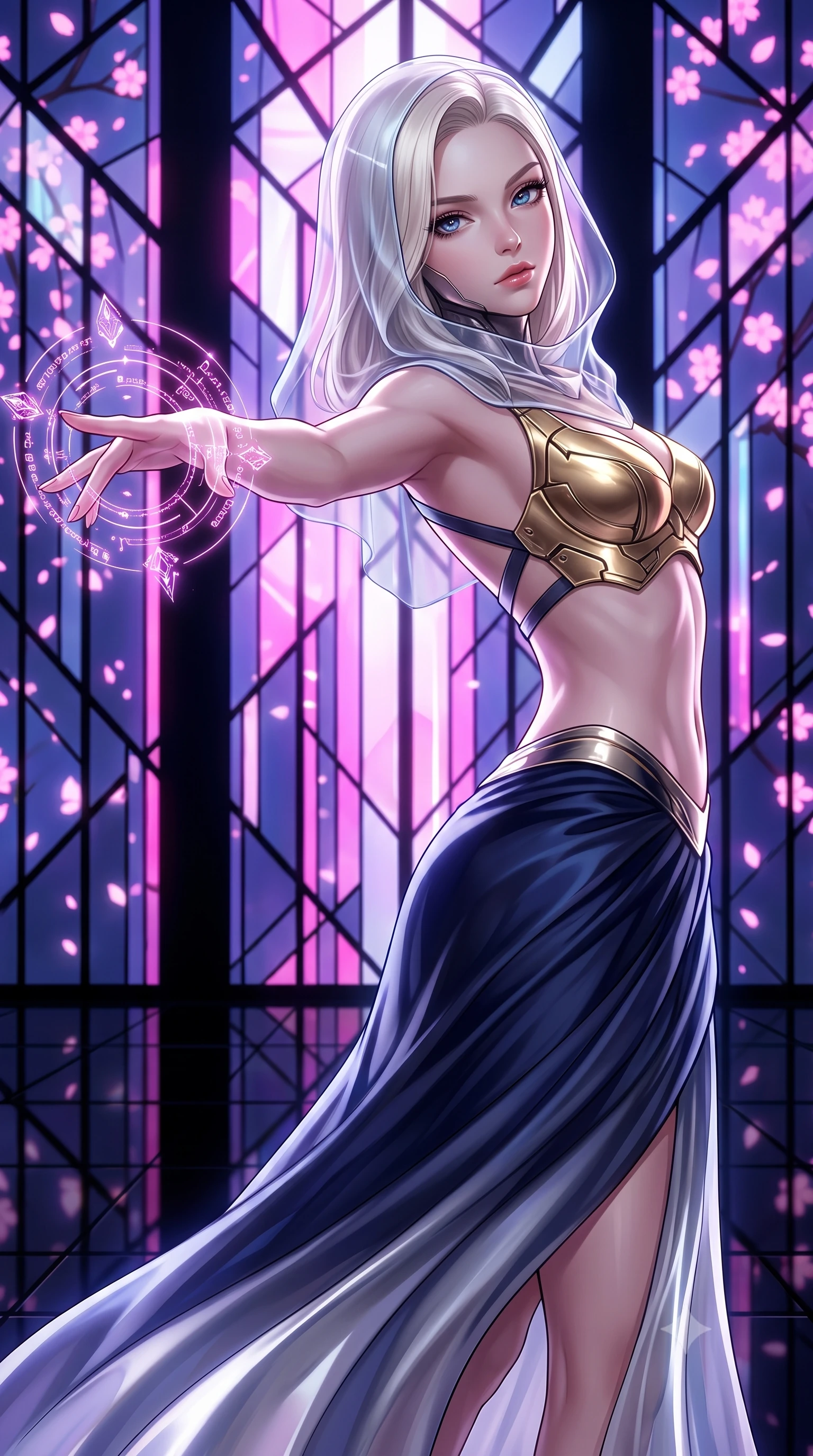 score_9, masterpiece, best quality, ultra-detailed, high-budget anime keyframe, editorial fashion photography, tasteful artistic composition, Caucasian woman. close-up cowboy shot from the waist and thighs up, the character dominates the composition, filling the frame with her large presence. extending one arm gracefully as floating holographic glyphs and nano-crystals orbit her fingertips with sovereign power while stretching her slender torso in an alluring back-arch as pink and violet neon light streams through geometric glass panes. The surrounding environment is rendered in vivid detail and crisp panoramic clarity. razor-sharp cybernetic stained-glass lead lines, distinct digital sakura petal pixels, and black glass floor in deep focus. She has an exceptionally elegant, slender, and willowy female figure with an ultra-slim waist, a gracefully sculpted slender torso, toned flat midriff, and a refined slim silhouette. sharp v-shaped jawline, high-bridge nose, intricate jewel-like eyes with depth, thick eyelashes, glossy lips with a natural sheen, flawlessly proportioned anatomical accuracy, strict slender model proportions, natural body alignment, perfectly sculpted long slender limbs, ultra-slim waistline, clean dynamic posture without body distortion. wearing an ethereal translucent cyber-veil paired with a sculpted golden mechanical cuirass and high-fashion draped silk skirt in deep midnight navy blue and pure starlight chrome, made of smooth flowing silk chiffon that shifts colors with movement, complemented by criss-cross back straps highlighting her completely bare spine, the sleek second-skin cut tightly hugging her graceful clavicle, narrow waist, and feminine curves with athletic precision. illuminated by crisp white key light and sharp specular highlights tracing her sculpted silhouette. ultra-reflective glossy finish, specular highlights, dark metallic sheen, high-contrast stereoscopic depth, volumetric dynamic lighting, 2k, ultra detail, master piece, 9:16 ratio