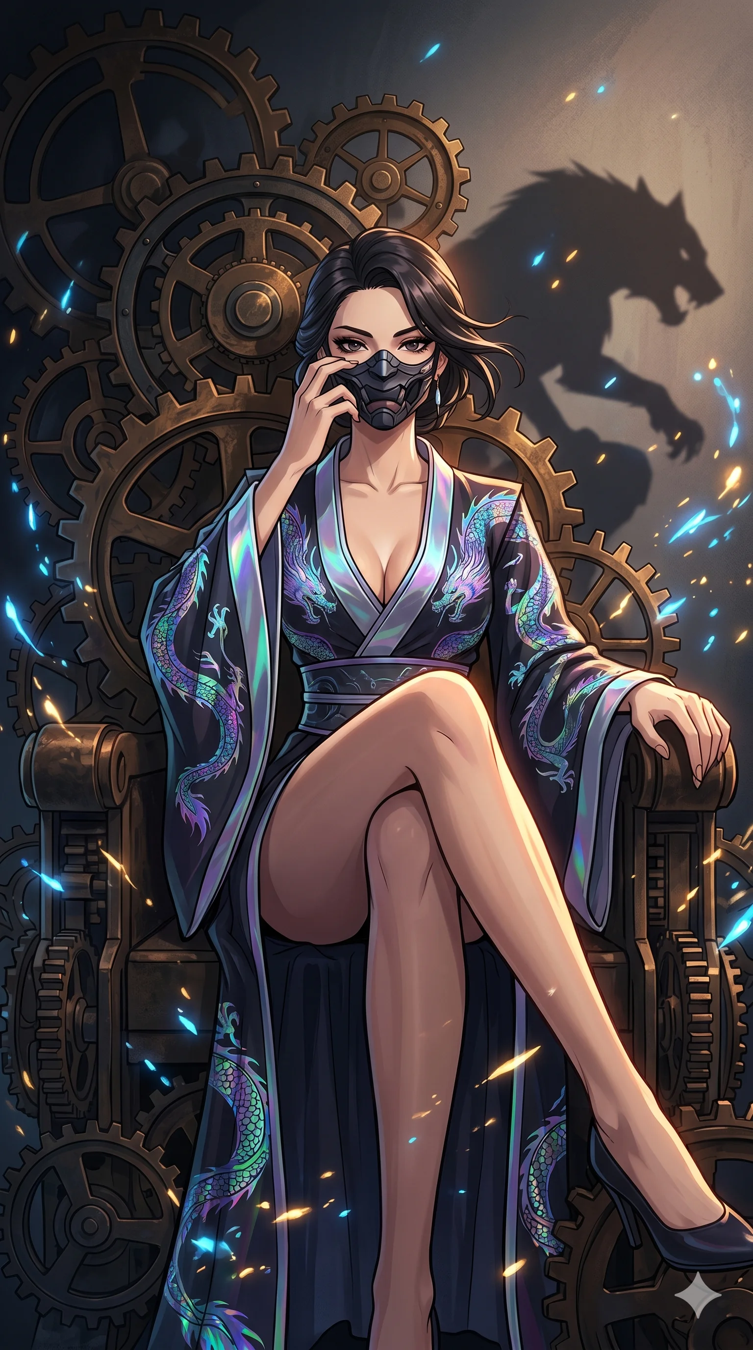 score_9, masterpiece, best quality, ultra-detailed, Set A: High-budget Anime Keyframe, Caucasian (strictly human ears) woman. Low angle cowboy shot filling the entire 9:16 frame with her statuesque presence. Adjusting a mask through a throne of gears, while her shadow mimics the movements of a predator 295 and surrounded by glowing energy sparks. She has an absolutely perfect 8-heads proportion, an exceptionally tall and slender female figure with impossibly long slender legs and an ultra-slim waist. Sharp v-shaped jawline, high-bridge nose, intricate jewel-like eyes with depth, thick eyelashes, glossy lips with a natural sheen. Wearing Traditional fusion robe with a deep V-cut and holographic dragon embroidery. Cinematic lighting, vibrant colors, dramatic shadows, 2k, ultra detail, master piece, 9:16 ratio