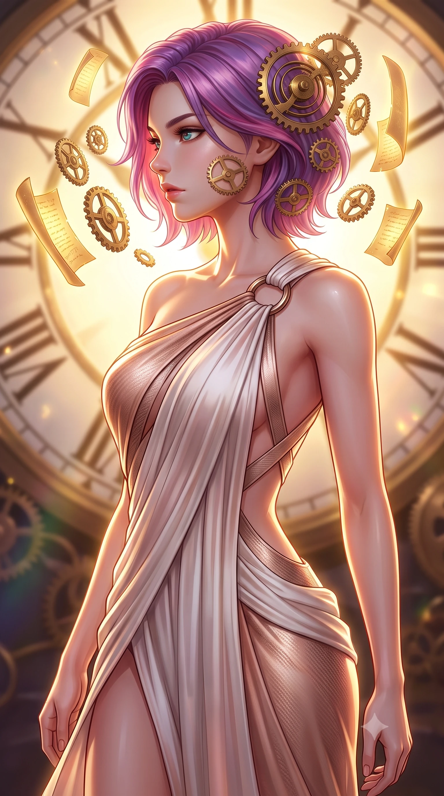 score_9, masterpiece, best quality, ultra-detailed, high-budget anime keyframe, editorial fashion photography, tasteful artistic composition, Caucasian woman. close-up cowboy shot from the waist and thighs up, the character dominates the composition, filling the frame with her large presence, background elements kept in soft focus. Turning her face in sharp dramatic profile against the bright light, showcasing her sharp v-shaped jawline surrounded by floating antique brass gears and glowing golden parchment scrolls, floating brass gears and clocksprings casting intricate metallic reflections. She has an exceptionally elegant, slender, and willowy female figure with an ultra-slim waist, a gracefully sculpted slender torso, and a refined silhouette. sharp v-shaped jawline, high-bridge nose, intricate jewel-like eyes with depth, thick eyelashes, glossy lips with a natural sheen. wearing an asymmetrical Grecian draped chiffon gown with a metallic shoulder ring in pearl white and rose gold, made of fine carbon-fiber weave and soft matte leather, complemented by criss-cross back straps highlighting her bare shoulders, the sleek second-skin texture accentuating her magnetic presence. illuminated by a brilliant golden hour glow filtering through clockwork dials. highly saturated vibrant anime colors, detailed shading with soft gradients, rich glossy textures, high-contrast stereoscopic depth, volumetric dynamic lighting, master piece, 9:16 ratio