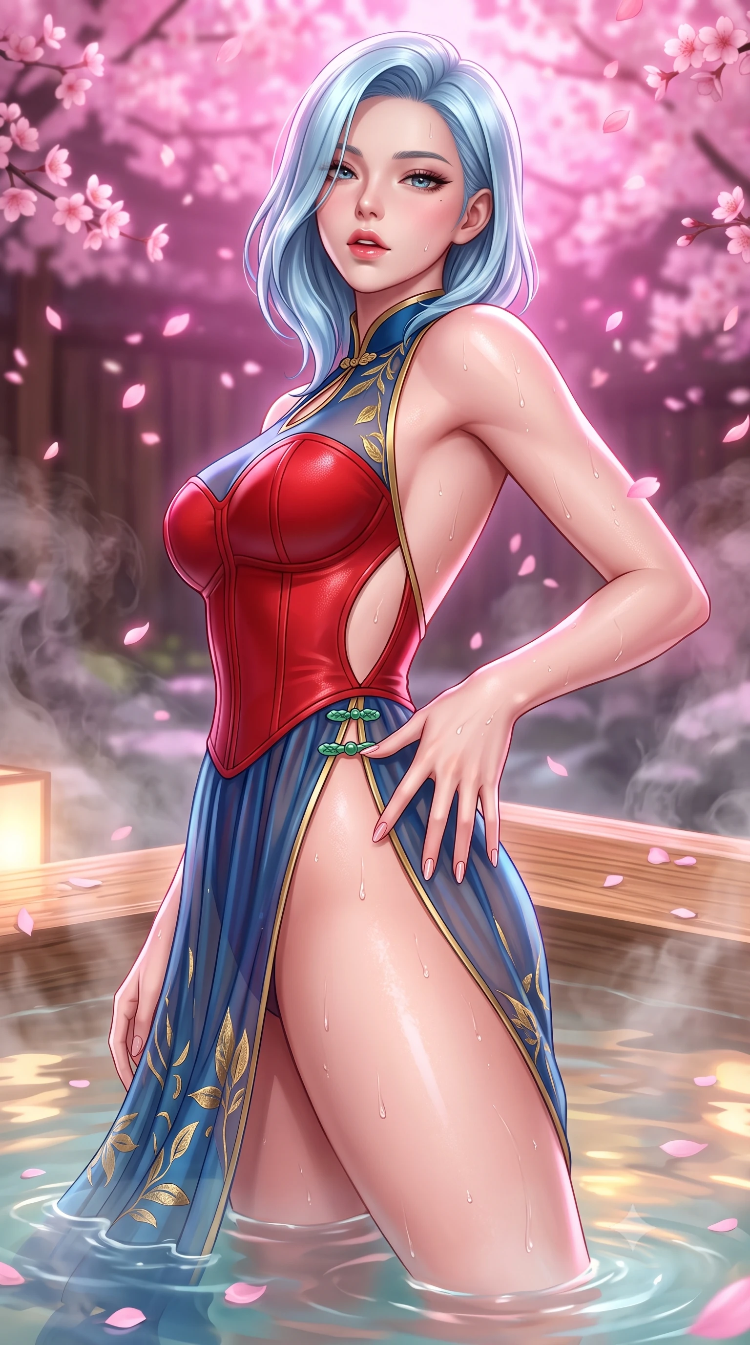 score_9, masterpiece, best quality, ultra-detailed, high-budget anime keyframe, semi-realistic 3D game render, editorial fashion photography, tasteful artistic composition, Korean woman. close-up cowboy shot from the waist and thighs up, the character dominates the composition, filling the frame with her large presence. resting one manicured hand delicately on her hip bone, her upper body turning in a fluid, seductive S-curve while parted lips glisten in the light while wading through the thermal mineral pool beneath falling pink sakura petals, arching her spine in pure pleasure as steam curls around her waist. The surrounding environment is rendered in vivid detail and crisp panoramic clarity. sharp wet hinoki wood grain, distinct water droplet tracks on skin, and delicate cherry blossom petals in deep focus. She has an exceptionally elegant, slender, and willowy female figure with an ultra-slim waist, a gracefully sculpted slender torso, toned flat midriff, and rounded feminine hips creating an alluring hourglass silhouette. sharp v-shaped jawline, high-bridge nose, intricate jewel-like eyes with depth, thick eyelashes, glossy parted lips with a natural sheen, intensely captivating and seductive bedroom-eyes expression, flawlessly proportioned anatomical accuracy, strict slender model proportions, natural body alignment, perfectly sculpted long slender limbs, ultra-slim waistline, clean dynamic posture without body distortion. wearing a sacred shrine maiden couture robe with sheer pleated chiffon skirt and structured scarlet corset top in deep azure blue and gold leaf embroidery, made of flexible second-skin stretch neoprene with specular sheen, finished with an ultra-high side slit secured by miniature jade clasps, the precision-cut side openings and low-back scoop framing her graceful spine and the sensual sweep of her hips. bathed in soft pink cherry blossom ambient glow and warm underwater mineral pool lights. highly saturated vibrant anime colors, detailed shading with soft gradients, rich glossy textures, high-contrast stereoscopic depth, volumetric dynamic lighting, master piece, 9:16 ratio