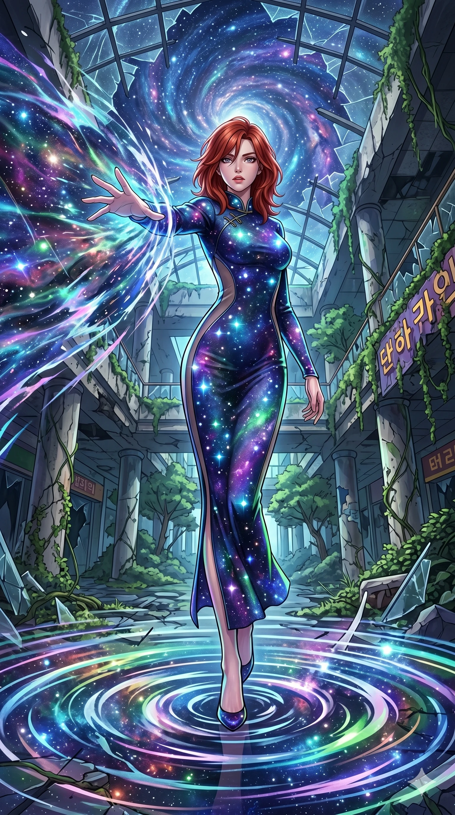score_9, masterpiece, best quality, ultra-detailed, Set A: High-budget Anime Keyframe, Korean woman. Low angle cowboy shot filling the entire 9:16 frame with her statuesque presence. Theme: Historical Remix. unleashing a massive energy wave in a ruined overgrown shopping mall, as she steps on ripples of time that distort the space 131. The atmosphere is filled with a swirling vortex of stars. She has an absolutely perfect 8-heads proportion, an exceptionally tall and slender female figure with impossibly long slender legs and an ultra-slim waist. Sharp v-shaped jawline, high-bridge nose, intricate jewel-like eyes with depth, glossy lips. Wearing Galaxy-print bodycon dress with real glowing star-points and sheer side panels. Cinematic lighting, vivid colors, dramatic shadows, 2k, ultra detail, master piece, 9:16 ratio