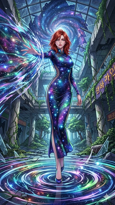 score_9, masterpiece, best quality, ultra-detailed, Set A: High-budget Anime Keyframe, Korean woman. Low angle cowboy shot filling the entire 9:16 frame with her statuesque presence. Theme: Historical Remix. unleashing a massive energy wave in a ruin