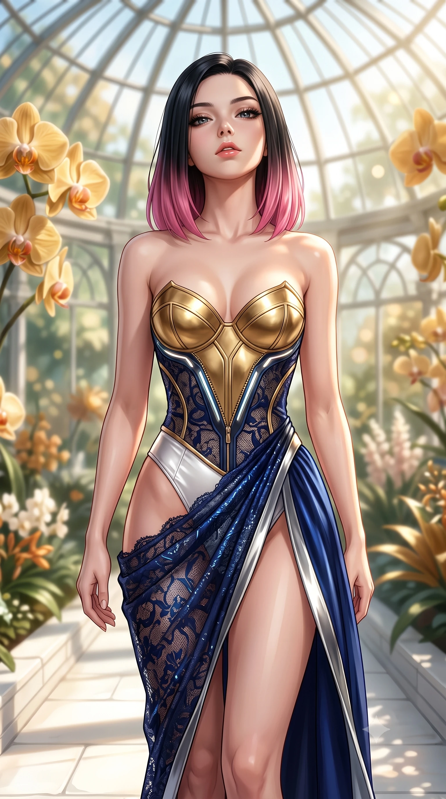score_9, masterpiece, best quality, ultra-detailed, high-budget anime keyframe, semi-realistic 3D game render, editorial fashion photography, tasteful artistic composition, Korean woman. close-up cowboy shot from the waist and thighs up, the character dominates the composition, filling the frame with her large presence. tilting her head back with a sensual alluring expression, exposing her throat and shoulders to the camera with heavy lashes and softly parted glossy lips while walking gracefully along a sunlit white stone aisle in a grand crystal conservatory surrounded by golden orchids. The composition keeps background elements in soft focus with creamy bokeh. golden orchid clusters and geometric glass dome panes blurred into luminous emerald and amber bokeh. She has an exceptionally elegant, slender, and willowy female figure with an ultra-slim waist, a gracefully sculpted slender torso, toned flat midriff, and a refined slim silhouette. sharp v-shaped jawline, high-bridge nose, intricate jewel-like eyes with depth, thick eyelashes, glossy lips with a natural sheen, flawlessly proportioned anatomical accuracy, strict slender model proportions, natural body alignment, perfectly sculpted long slender limbs, ultra-slim waistline, clean dynamic posture without body distortion. wearing a sculpted golden breastplate bodice paired with high-cut white satin briefs and a fluid draped side skirt in deep royal navy blue and specular chrome, crafted from delicate dark lace interwoven with luminescent micro-fibers, featuring a dangerously unzipped neckline framed by glowing cybernetic accents, the liquid-tight tailored fabric emphasizing every curve of her tall, slender model proportions and sculptured silhouette during dynamic movement. surrounded by a bright, pristine, and captivatingly fresh botanical sanctuary atmosphere. highly saturated vibrant anime colors, detailed shading with soft gradients, rich glossy textures, high-contrast stereoscopic depth, volumetric dynamic lighting, master piece, 9:16 ratio