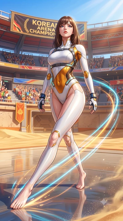 score_9, masterpiece, best quality, ultra-detailed, high-budget anime keyframe, semi-realistic 3D game render, editorial fashion photography, tasteful artistic composition, Korean woman. low angle full-body shot from head to toe showing her feet, fil