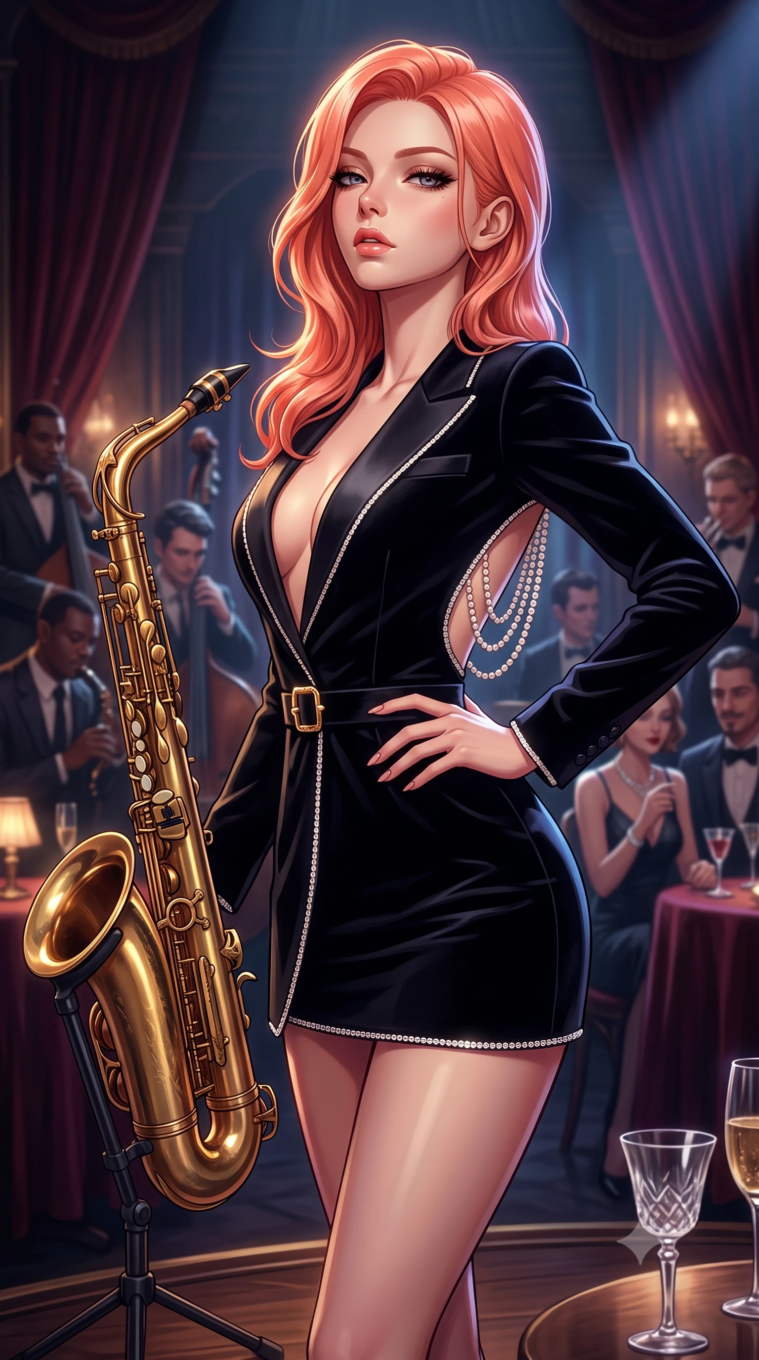 score_9, masterpiece, best quality, ultra-detailed, high-budget anime keyframe, semi-realistic 3D game render, editorial fashion photography, tasteful artistic composition, Japanese woman. close-up cowboy shot from the waist and thighs up, the character dominates the composition, filling the frame with her large presence. tilting her chin up with proud, sovereign allure while gazing through thick eyelashes, one hand resting on her waist in pure supermodel charisma while standing poised beside the brass saxophone stand on the low bandstand, twisting her slender torso in an alluring S-curve in the spotlight. The surrounding environment is rendered in vivid detail and crisp panoramic clarity. intense atmospheric jazz-noir chiaroscuro and sophisticated speakeasy romance aesthetics in precision. She has an exceptionally elegant, slender, and willowy female figure with an ultra-slim waist, flat toned midriff, narrow ribcage, and sculpted feminine hips creating an alluring, slim hourglass silhouette without bulk. sharp v-shaped jawline, high-bridge nose, intricate jewel-like eyes with depth, thick eyelashes, glossy parted lips with a natural sheen, intensely captivating and seductive bedroom-eyes expression, flawlessly proportioned anatomical accuracy, strict slender model proportions, natural body alignment, perfectly sculpted long slender limbs, ultra-slim waistline, clean dynamic posture without body distortion. wearing a tailored velvet tuxedo jacket dress with satin lapels, worn with a deep plunge neckline and gold hip buckle in pitch-black velvet with diamond crystal trim, woven from layered gossamer chiffon with a weightless sweeping drape, accented with a multi-strand pearl back necklace cascading down her bare spine to her hips, the glove-like aerodynamic silhouette tightly following the natural contour of her hips and long slender legs with statuesque 8.5-heads elegance. surrounded by a sultry, scandalous, and irresistibly intoxicating jazz-age siren aura. highly saturated vibrant anime colors, detailed shading with soft gradients, rich glossy textures, high-contrast stereoscopic depth, volumetric dynamic lighting, master piece, 9:16 ratio