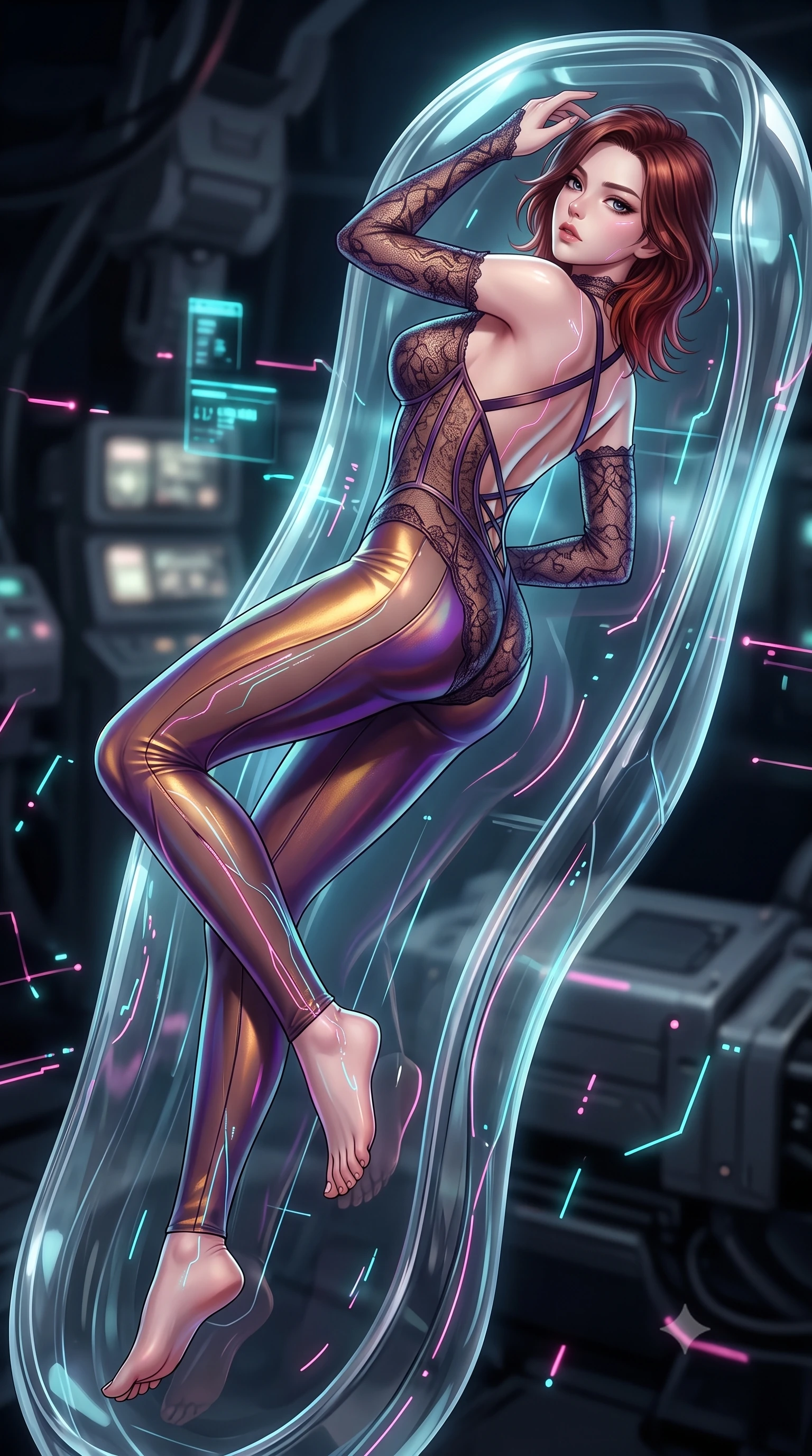 score_9, masterpiece, best quality, ultra-detailed, high-budget anime keyframe, semi-realistic 3D game render, editorial fashion photography, tasteful artistic composition, Korean woman. low angle full-body shot from head to toe showing her feet, filling the entire 9:16 vertical frame with her statuesque presence, stretching her vertical silhouette. arching her back in a fluid zero-gravity turn with sovereign grace, her long slender legs and sculpted torso creating a sweeping line while reclining weightlessly inside a transparent android cradle as micro-circuit filaments pulse along her limbs. The composition keeps background elements in soft focus with creamy bokeh. pulsating bioluminescent diagnostic lines scattering gentle pink and cyan light across a dark backdrop. She has an absolutely perfect, statuesque 8.5-heads proportion, an exceptionally tall and slender model-like female figure with impossibly long slender legs and an ultra-slim waist. sharp v-shaped jawline, high-bridge nose, intricate jewel-like eyes with depth, thick eyelashes, glossy lips with a natural sheen, flawlessly proportioned anatomical accuracy, natural body alignment, perfectly sculpted elegant limbs, clean dynamic posture without body distortion. wearing a sheer dark lace pattern bodysuit with structured corsetry boning, sheer contouring side panels, and detached lace sleeves in lustrous molten gold and pure deep violet, made of smooth iridescent silk chiffon that shifts colors with movement, complemented by criss-cross back straps highlighting her completely bare spine, the glove-like fit tightly following every curve of her statuesque athletic build. illuminated by cool cyan diagnostic holograms and crisp specular highlights on glass. highly saturated vibrant anime colors, detailed shading with soft gradients, rich glossy textures, high-contrast stereoscopic depth, volumetric dynamic lighting, master piece, 9:16 ratio