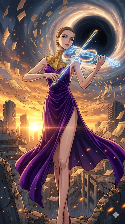 score_9, masterpiece, best quality, ultra-detailed, Set A: High-budget Anime Keyframe, Caucasian (human ears) woman. Low angle cowboy shot filling the entire 9:16 frame with her statuesque presence. Theme: Urban Decay. playing a holographic violin in